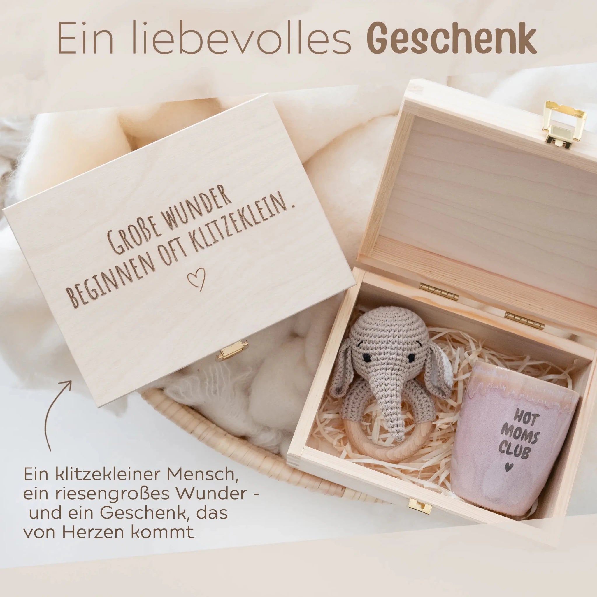Geschenkbox Babyshower - Elefant Greifling + Hot Moms Club Becher - wunderwunsch