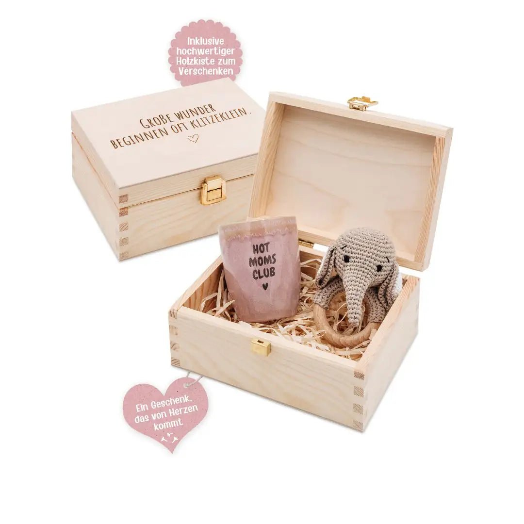 Geschenkbox Babyshower - Elefant Greifling + Hot Moms Club Becher - wunderwunsch