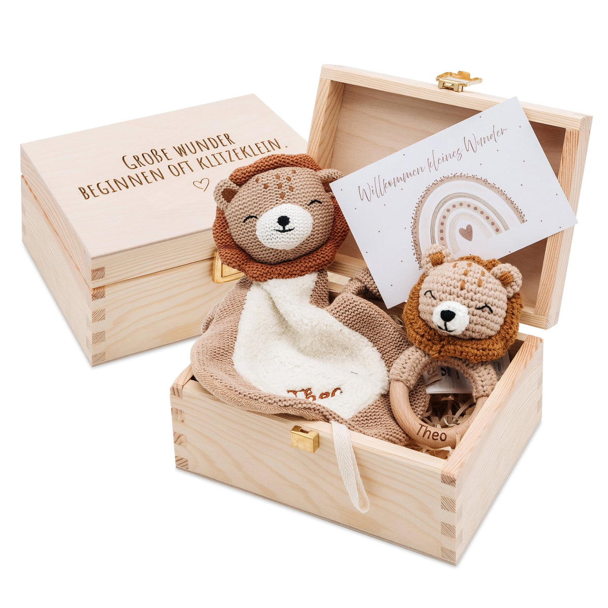 Geschenkbox Geburt - Löwe Greifling + Schmusetuch + Postkarte - wunderwunsch