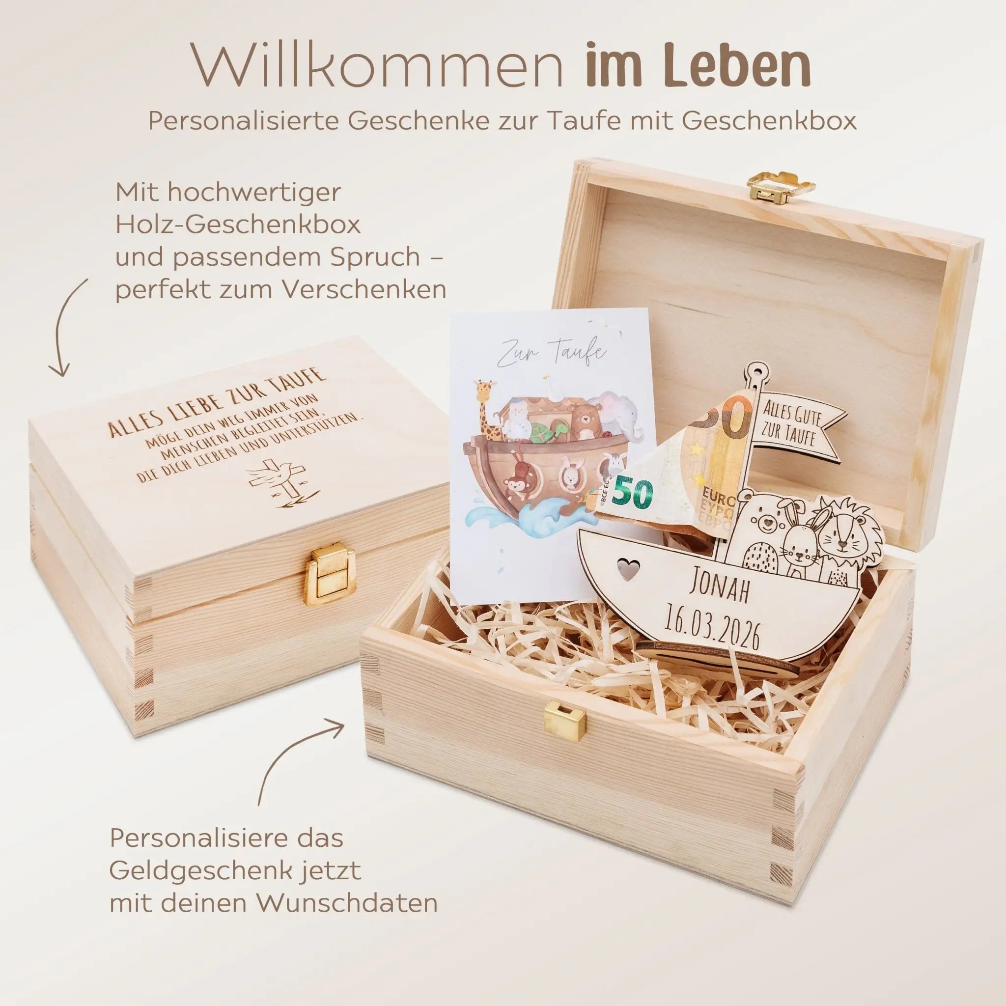 Geschenkbox Taufe - Arche Noah Geldgeschenk + Postkarte - wunderwunsch