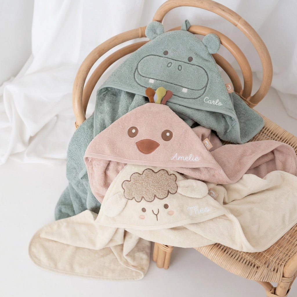 JOLLEIN Baby Kapuzenhandtuch Frottee personalisiert - Hippo, Schaf, Strauß - wunderwunsch