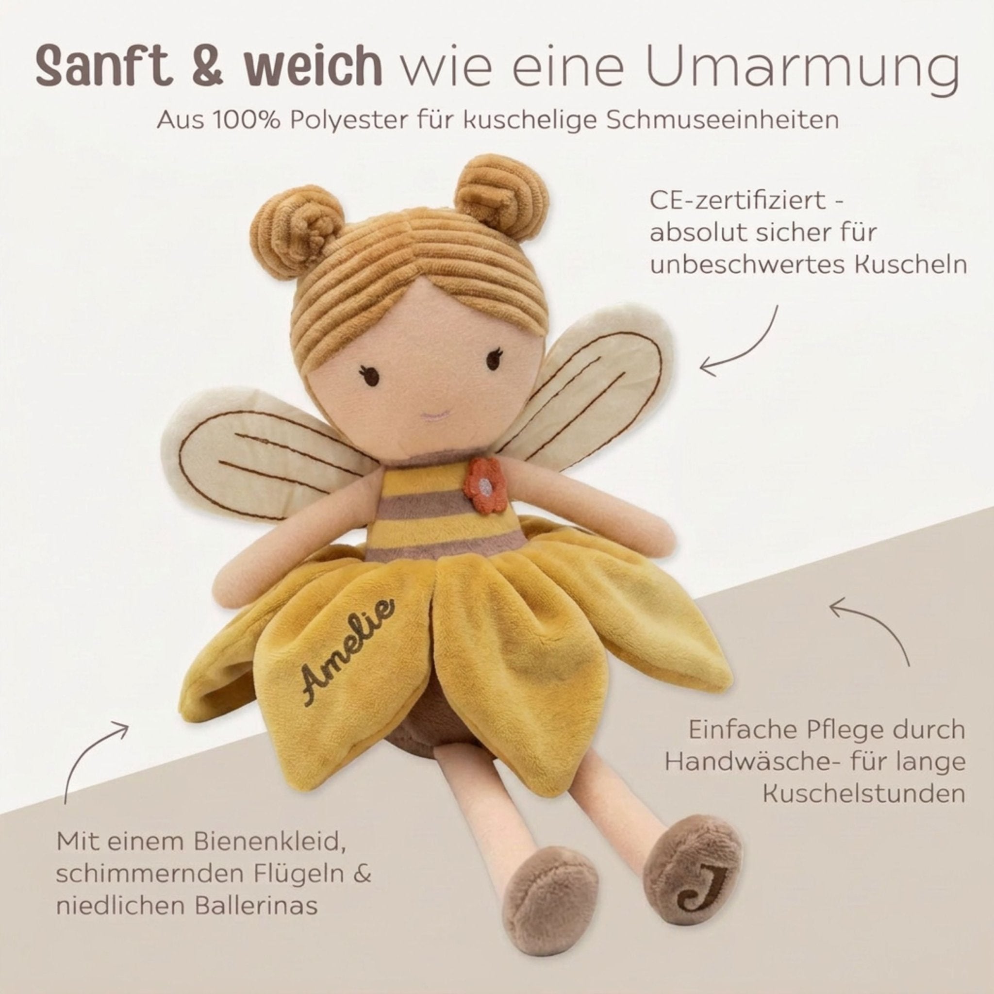 JOLLEIN Stoffpuppe Biene blonde Zöpfe personalisiert - wunderwunsch