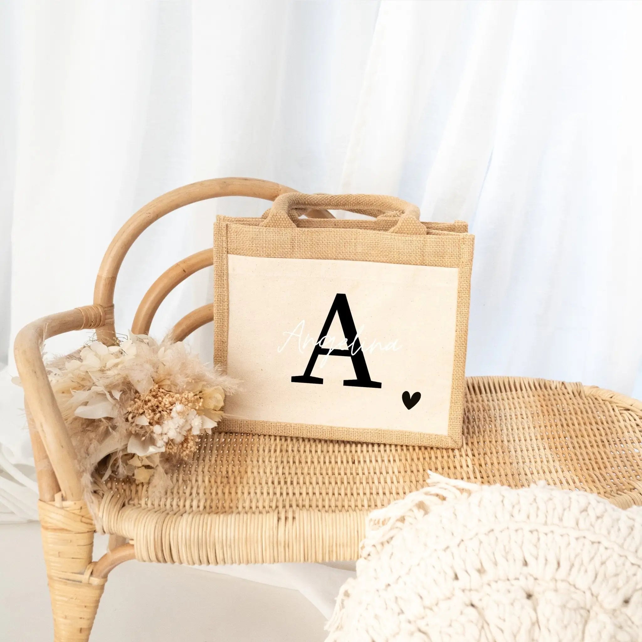 Jutetasche mit Stoffbesatz - Initial Name Herz - wunderwunsch