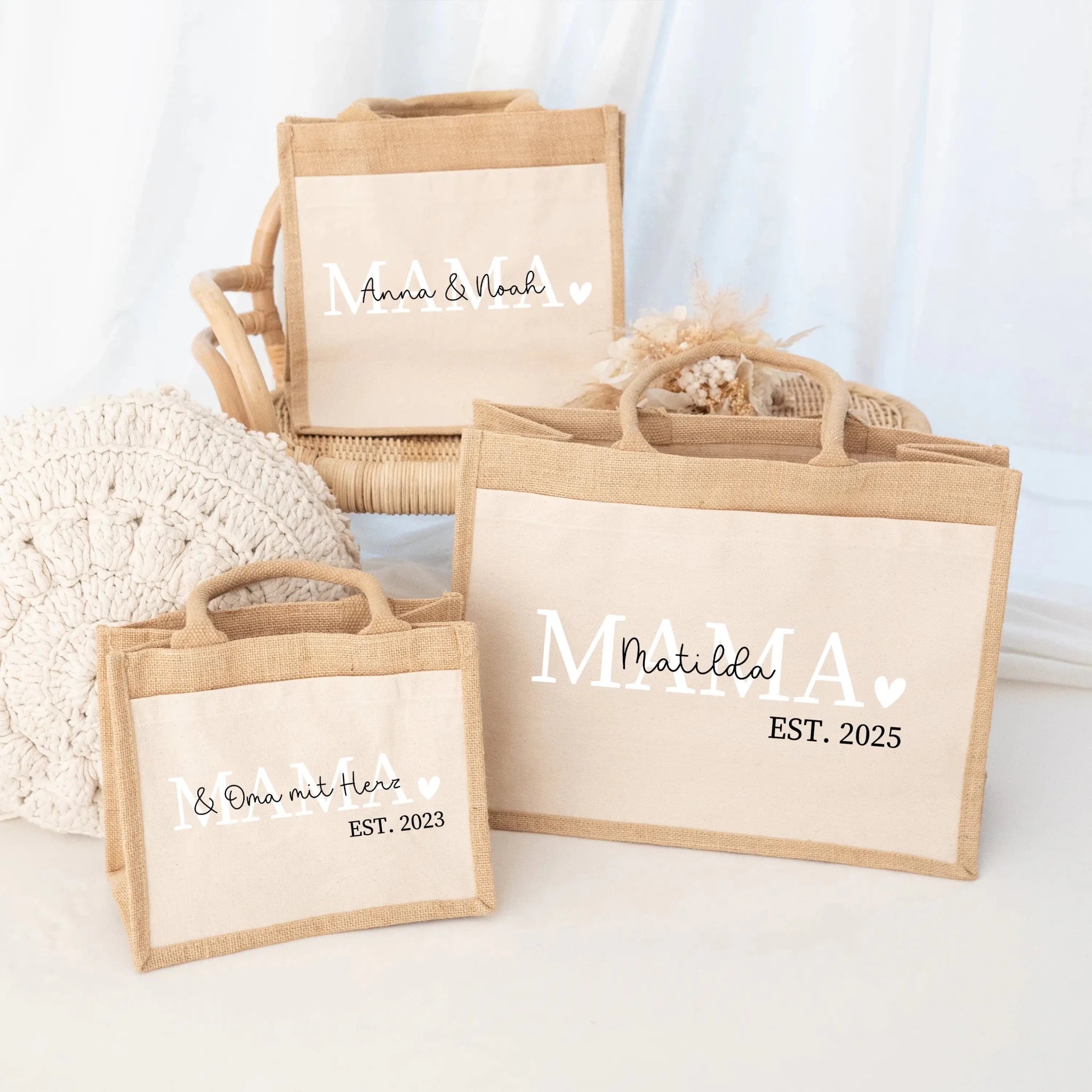 Jutetasche mit Stoffbesatz - Mama est. - wunderwunsch