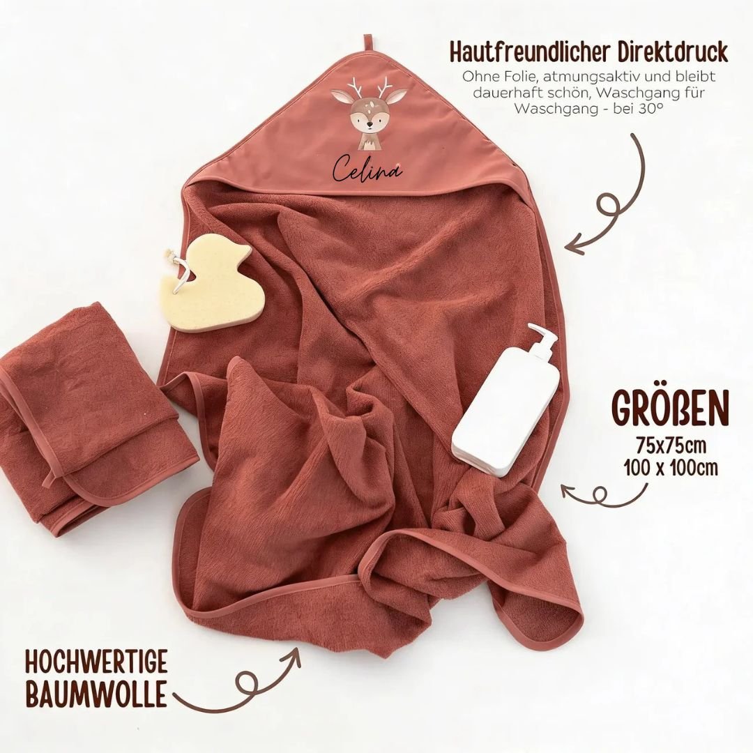 Kapuzenhandtuch Baumwolle "Tier" (geschwungene Schrift) personalisiert - wunderwunsch