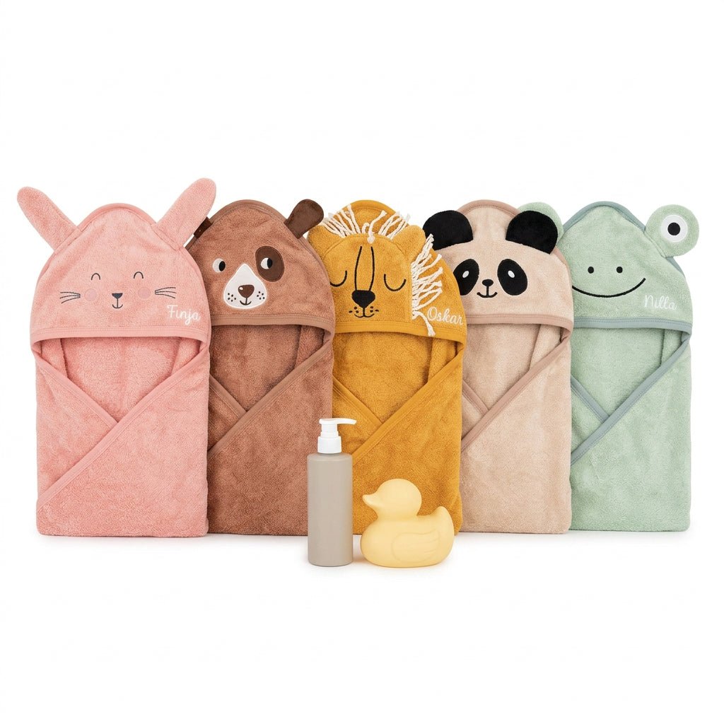 Kapuzenhandtuch Tiere personalisiert - Panda, Bär, Löwe, Frosch und Hase - wunderwunsch
