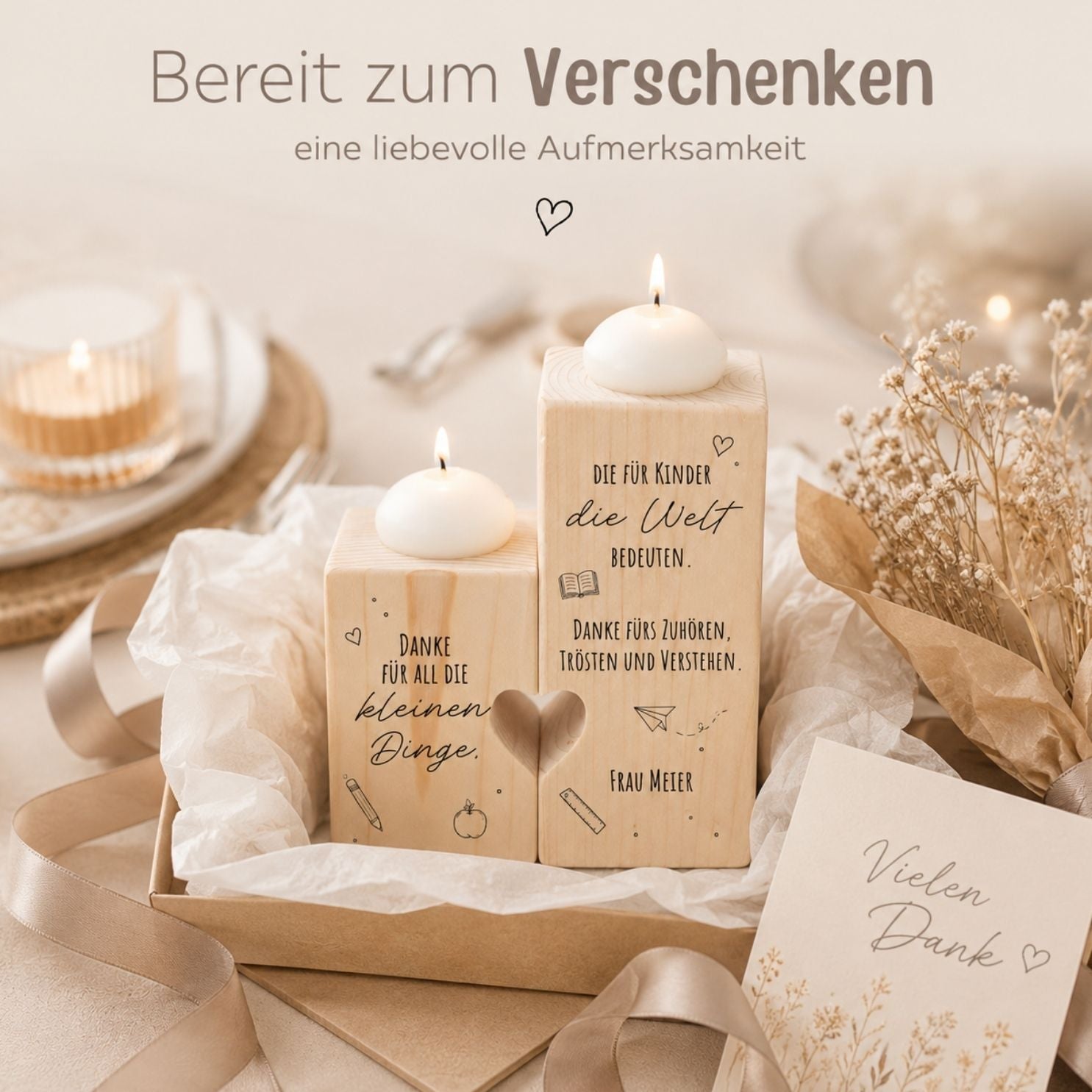 Kerzenhalter aus Holz mit Herz personalisiert - Dankeschön für Lehrer & Erzieher - wunderwunsch