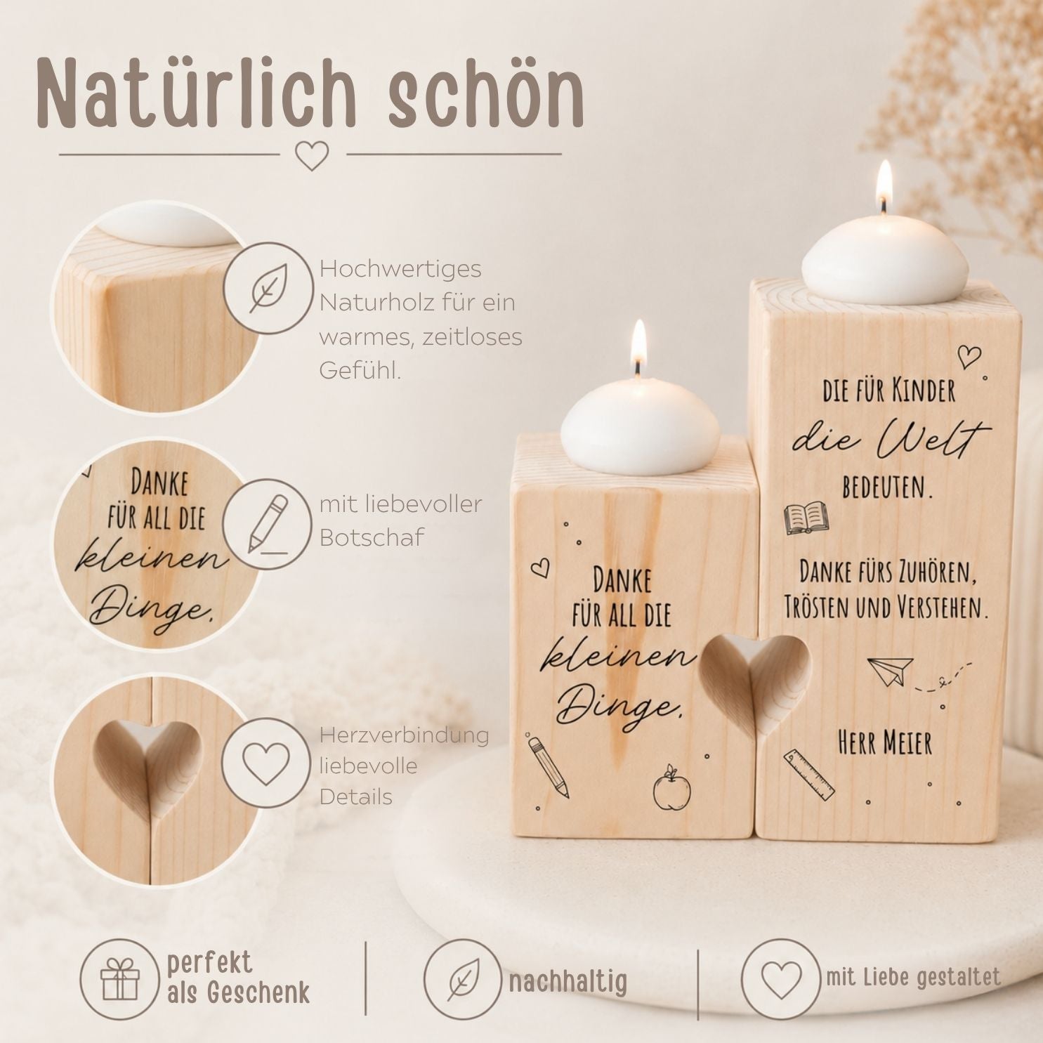 Kerzenhalter aus Holz mit Herz personalisiert - Dankeschön für Lehrer & Erzieher - wunderwunsch