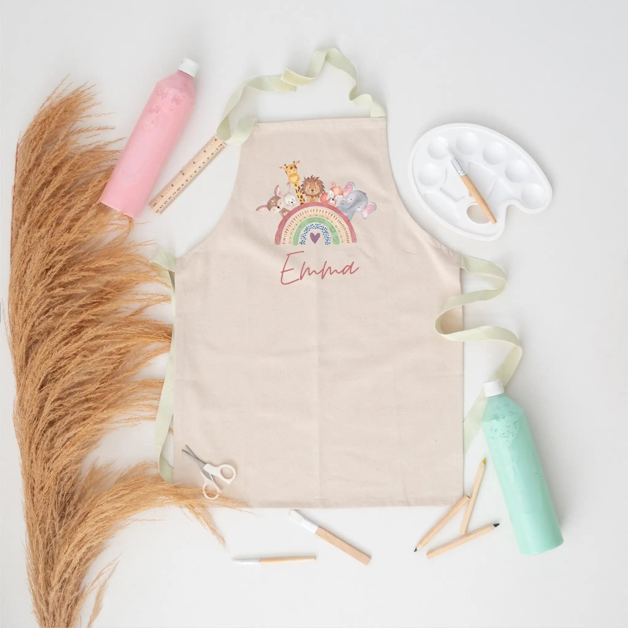 Kinder Schürze Pastell "Regenbogen Tiere" personalisiert - wunderwunsch
