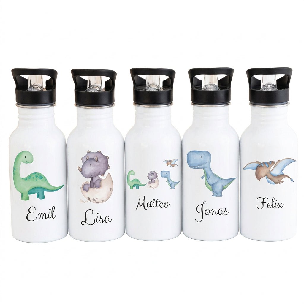 Kinder Trinkflasche weiß mit Trinkhalm personalisiert - Dinosaurier Aquarell - wunderwunsch