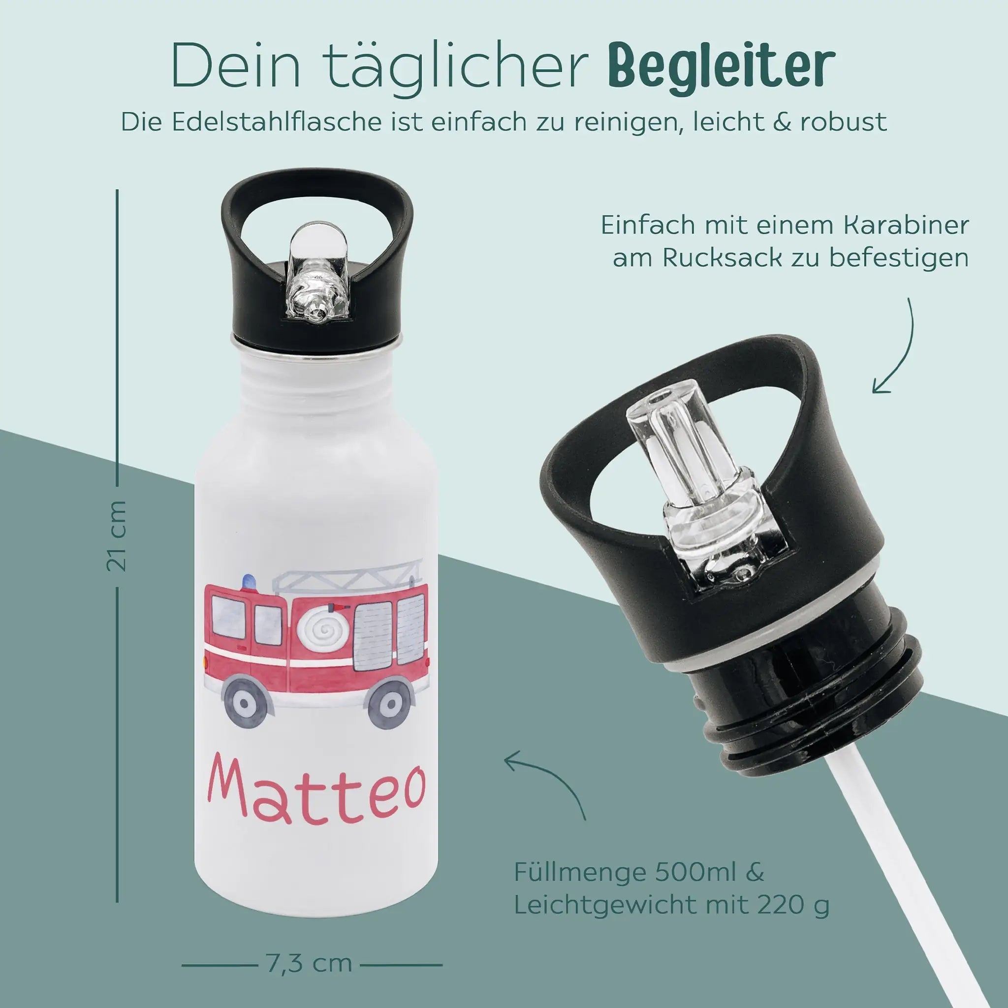 Kinder Trinkflasche weiß mit Trinkhalm personalisiert - Fahrzeug Aquarell - wunderwunsch
