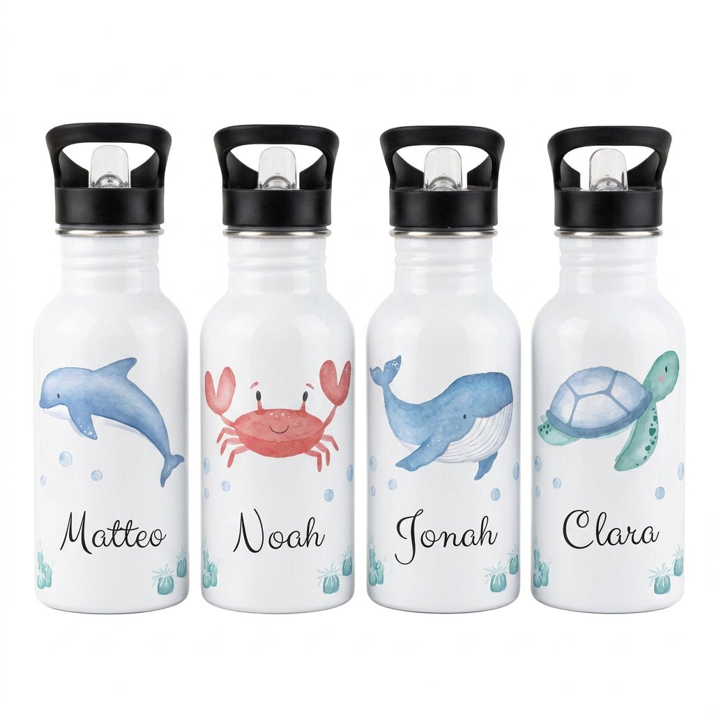 Kinder Trinkflasche weiß mit Trinkhalm personalisiert - Meerestier Aquarell - wunderwunsch
