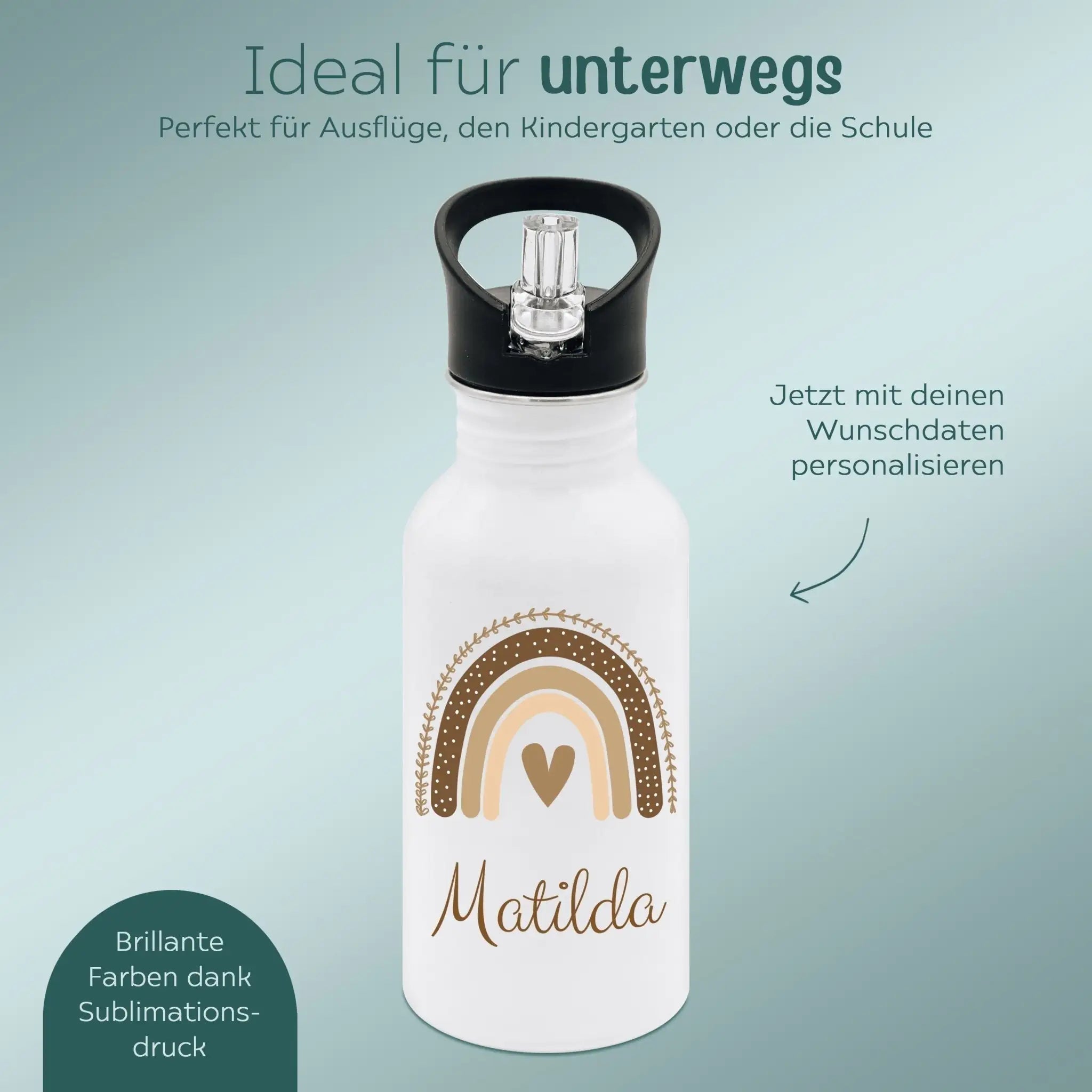 Kinder Trinkflasche weiß mit Trinkhalm personalisiert - Regenbogen Boho beige Aquarell - wunderwunsch
