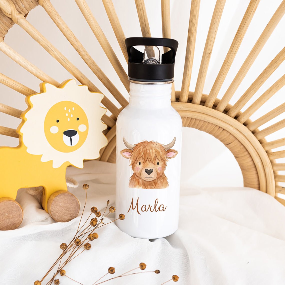 Kinder Trinkflasche weiß mit Trinkhalm personalisiert - Tier Aquarell - wunderwunsch