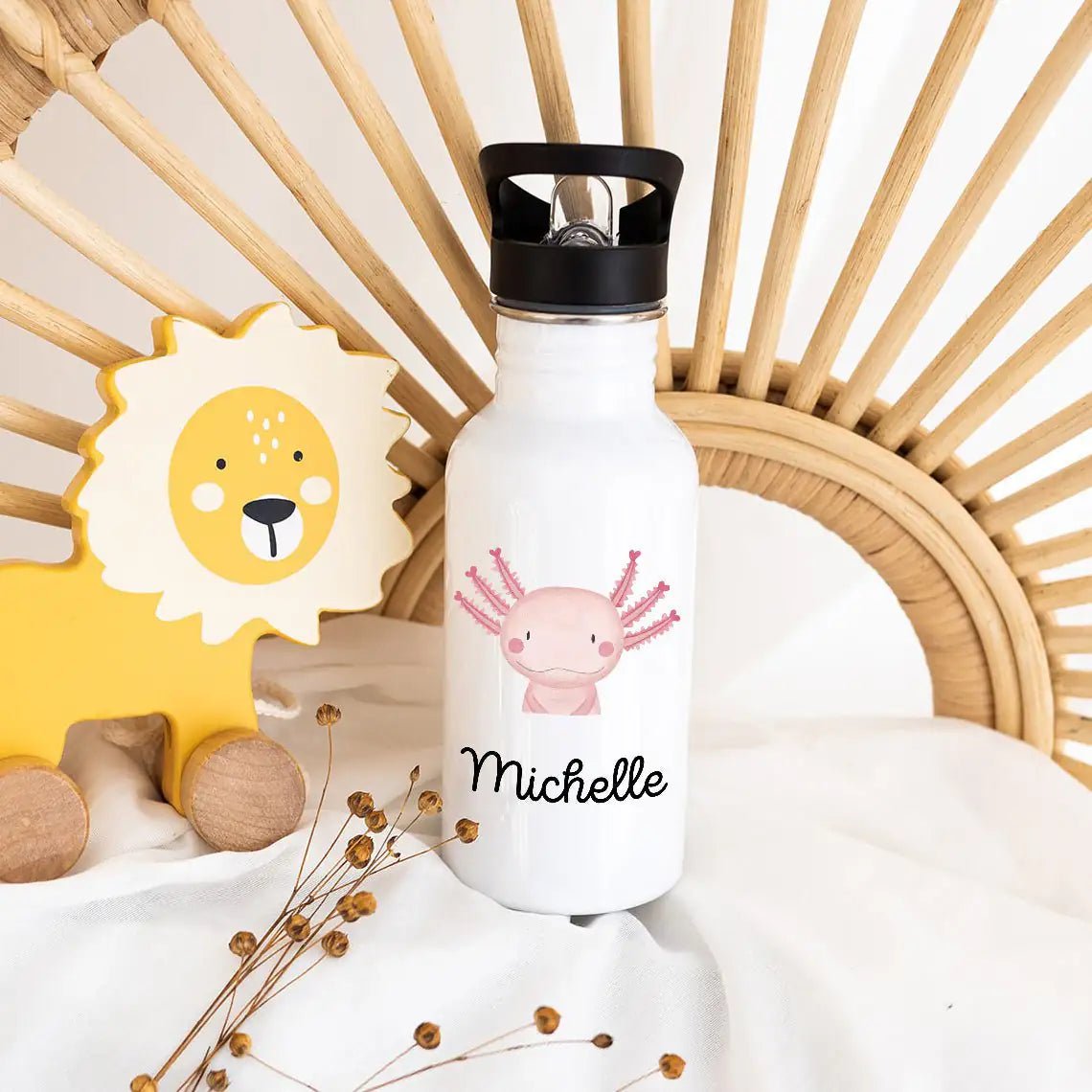 Kinder Trinkflasche weiß mit Trinkhalm personalisiert - Tier Aquarell - wunderwunsch