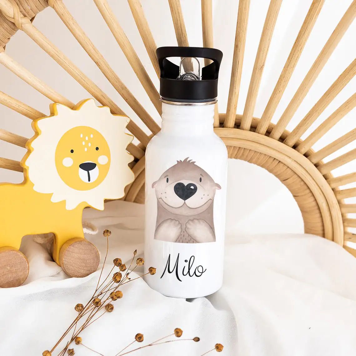 Kinder Trinkflasche weiß mit Trinkhalm personalisiert - Tier Aquarell - wunderwunsch