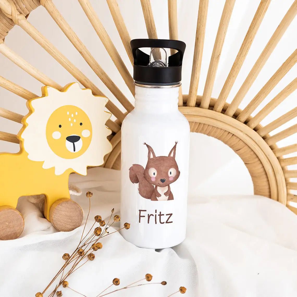 Kinder Trinkflasche weiß mit Trinkhalm personalisiert - Tier Aquarell - wunderwunsch