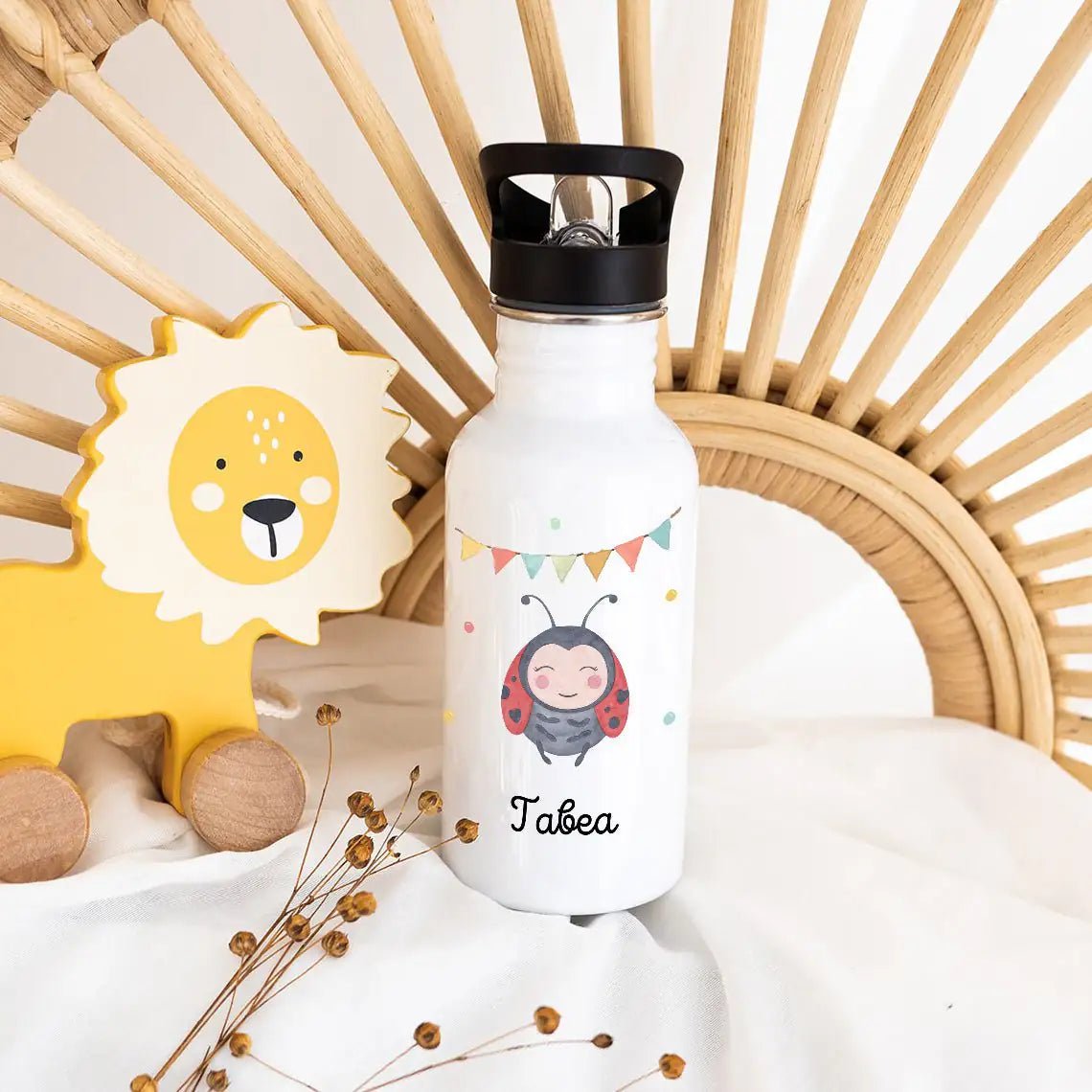 Kinder Trinkflasche weiß mit Trinkhalm personalisiert - Tier Girlande Aquarell - wunderwunsch