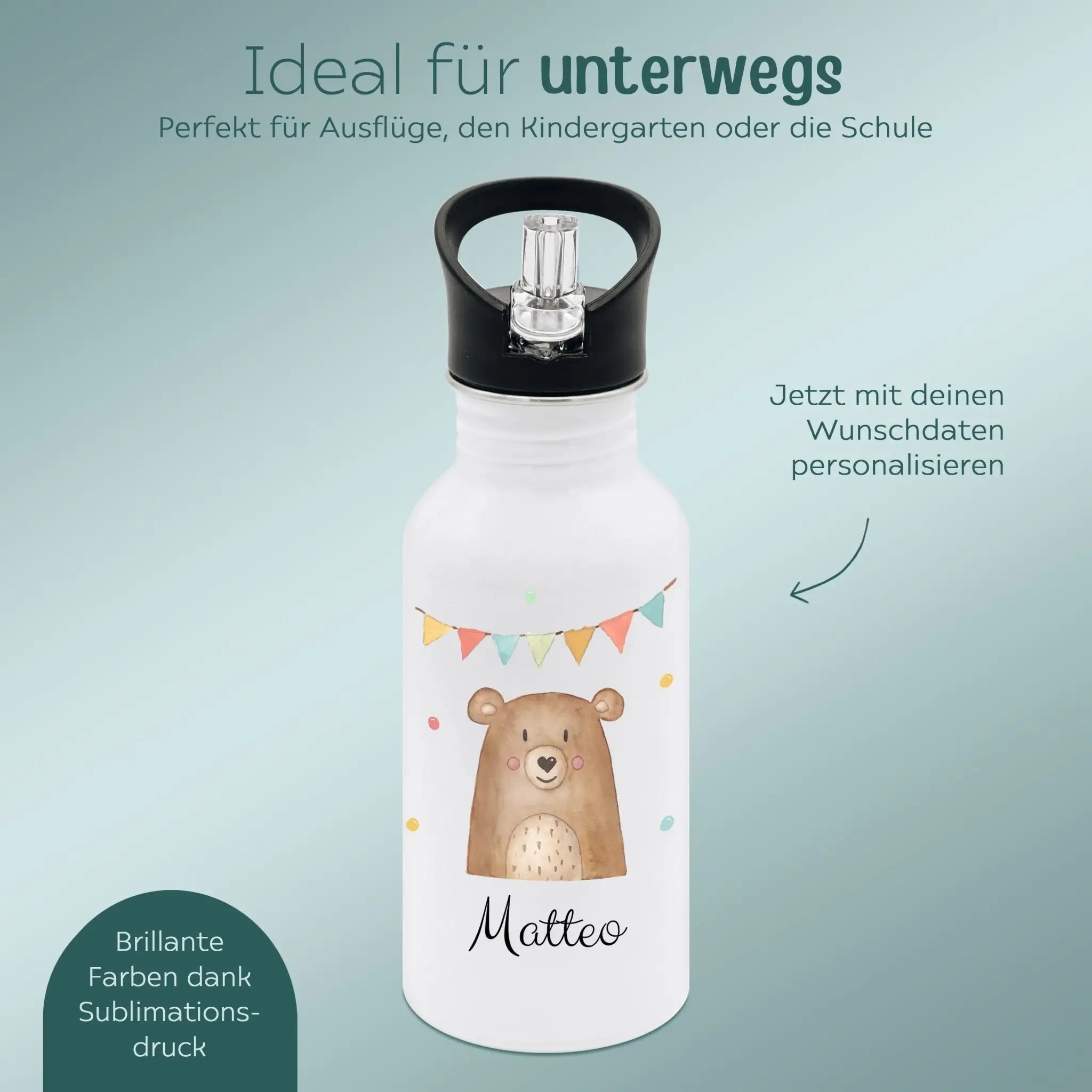 Kinder Trinkflasche weiß mit Trinkhalm personalisiert - Tier Girlande Aquarell - wunderwunsch