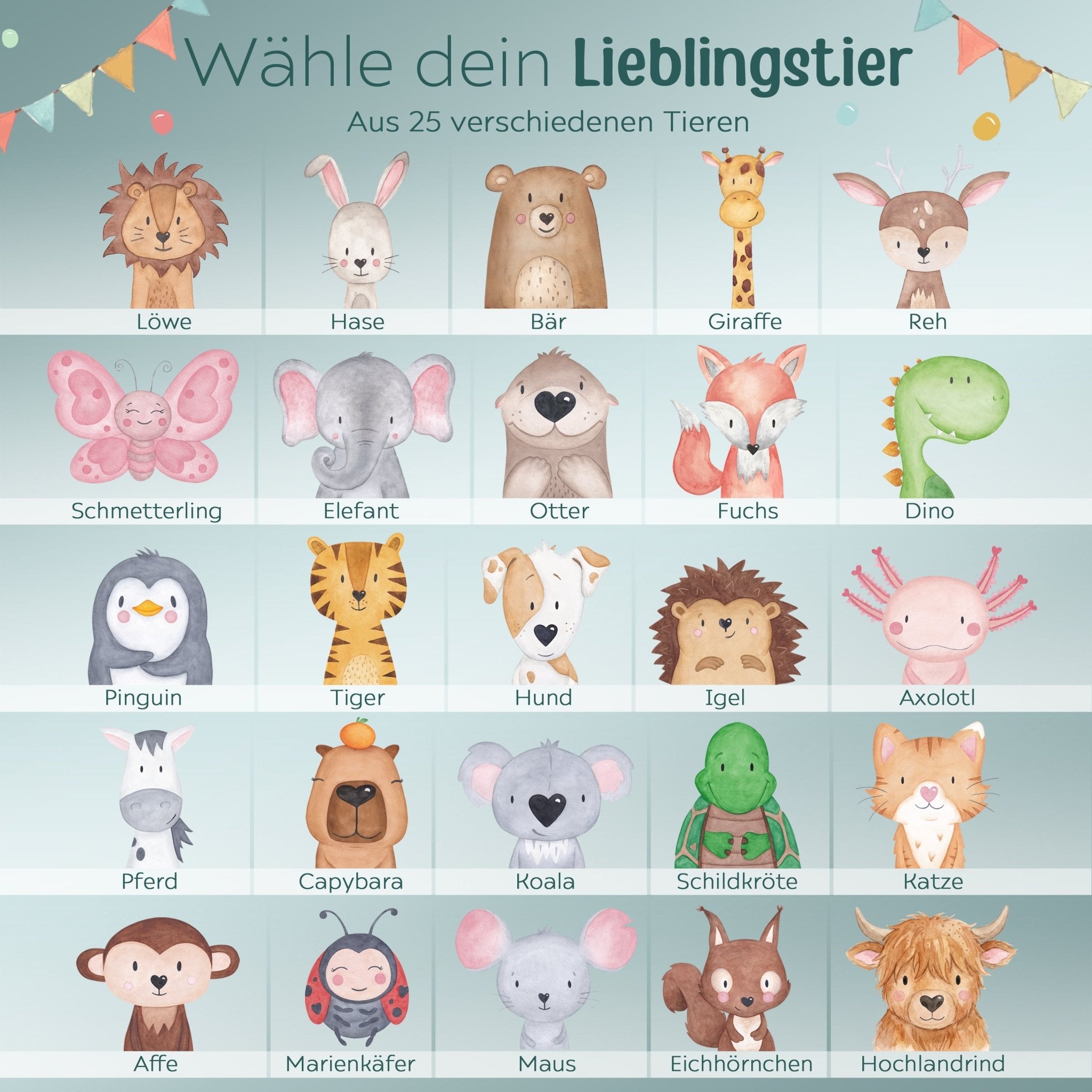 Kinder Trinkflasche weiß mit Trinkhalm personalisiert - Tier Girlande Aquarell - wunderwunsch