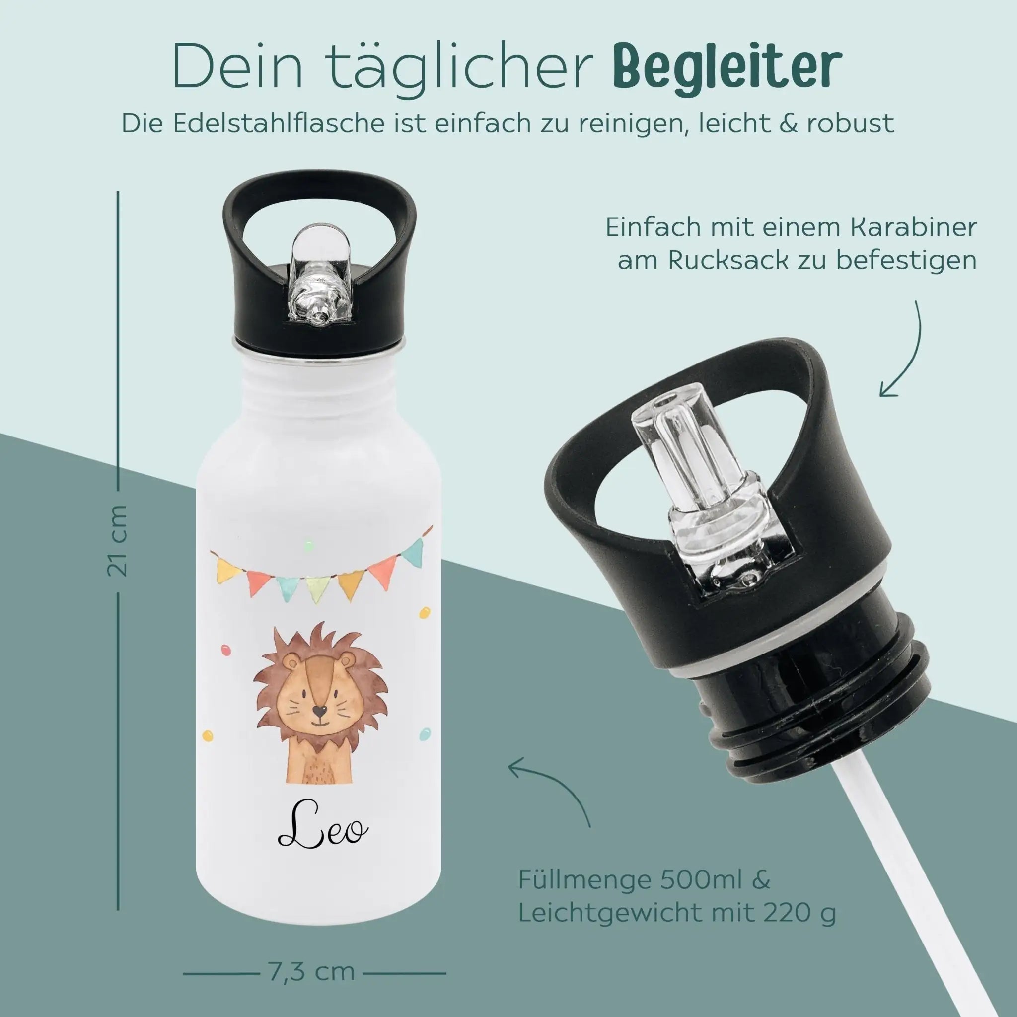 Kinder Trinkflasche weiß mit Trinkhalm personalisiert - Tier Girlande Aquarell - wunderwunsch