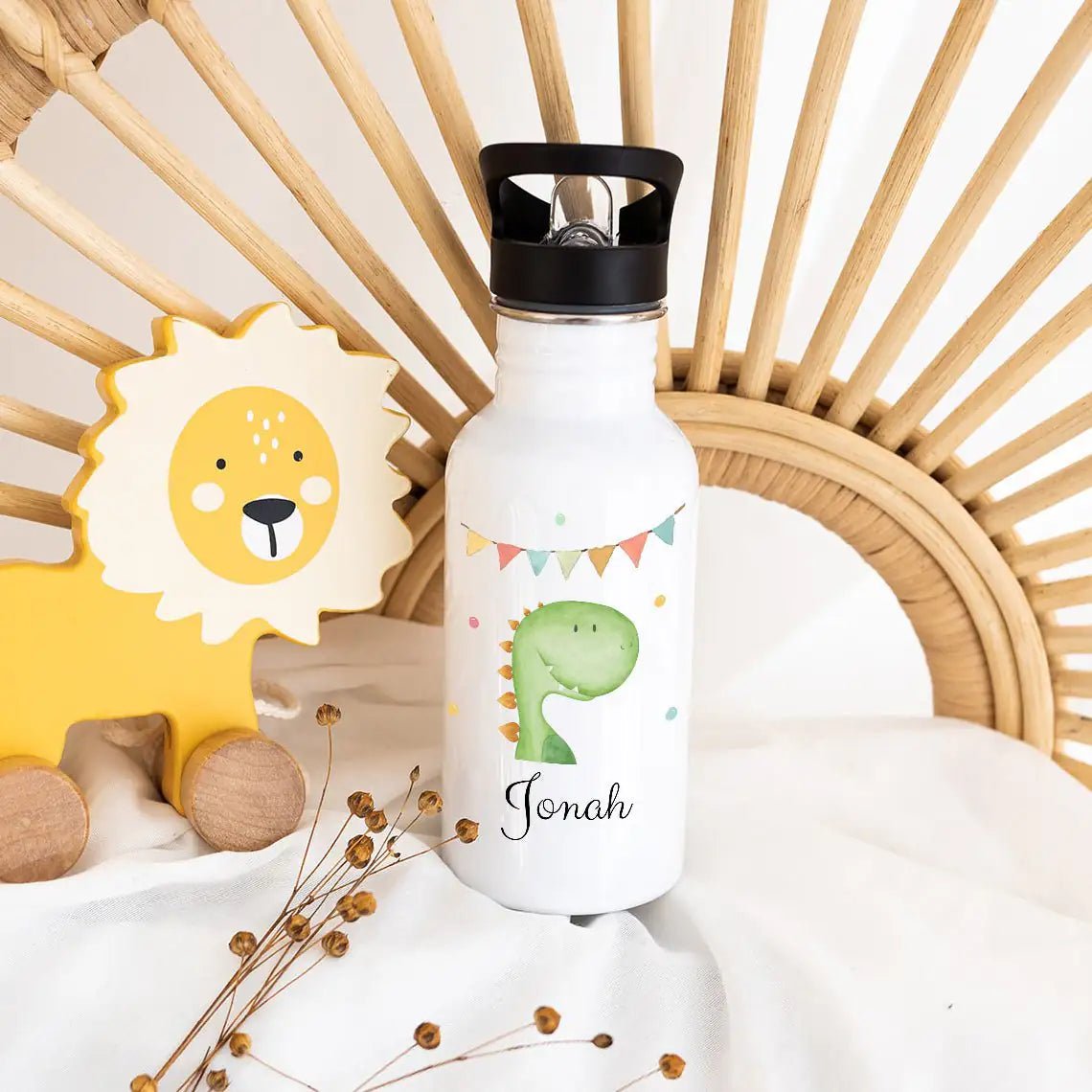 Kinder Trinkflasche weiß mit Trinkhalm personalisiert - Tier Girlande Aquarell - wunderwunsch
