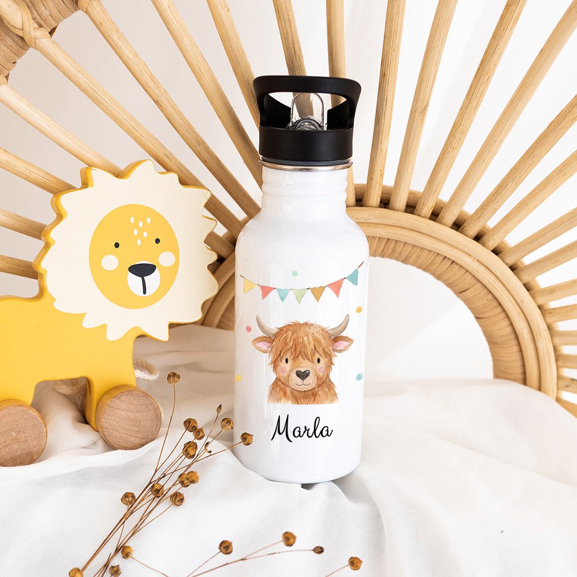 Kinder Trinkflasche weiß mit Trinkhalm personalisiert - Tier Girlande Aquarell - wunderwunsch