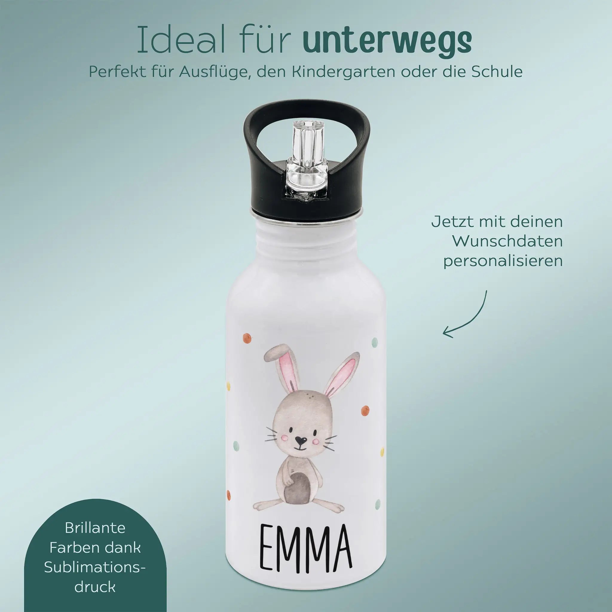 Kinder Trinkflasche weiß mit Trinkhalm personalisiert - Tier Punkte Aquarell - wunderwunsch