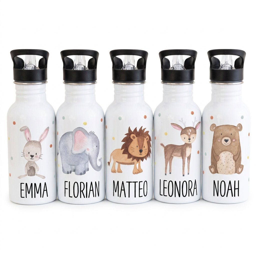 Kinder Trinkflasche weiß mit Trinkhalm personalisiert - Tier Punkte Aquarell - wunderwunsch