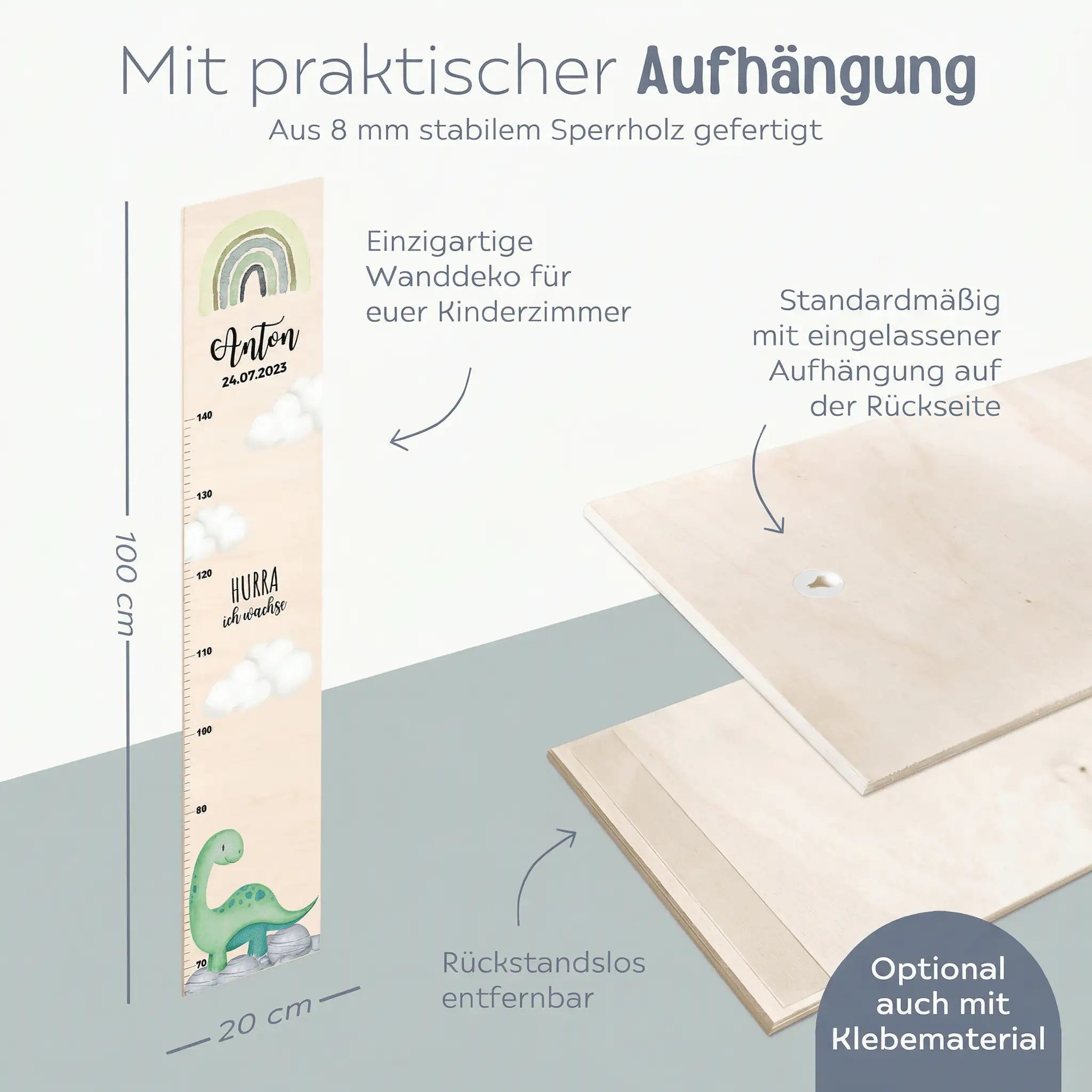Kindermesslatte Holz personalisiert - Dinosaurier Aquarell - wunderwunsch