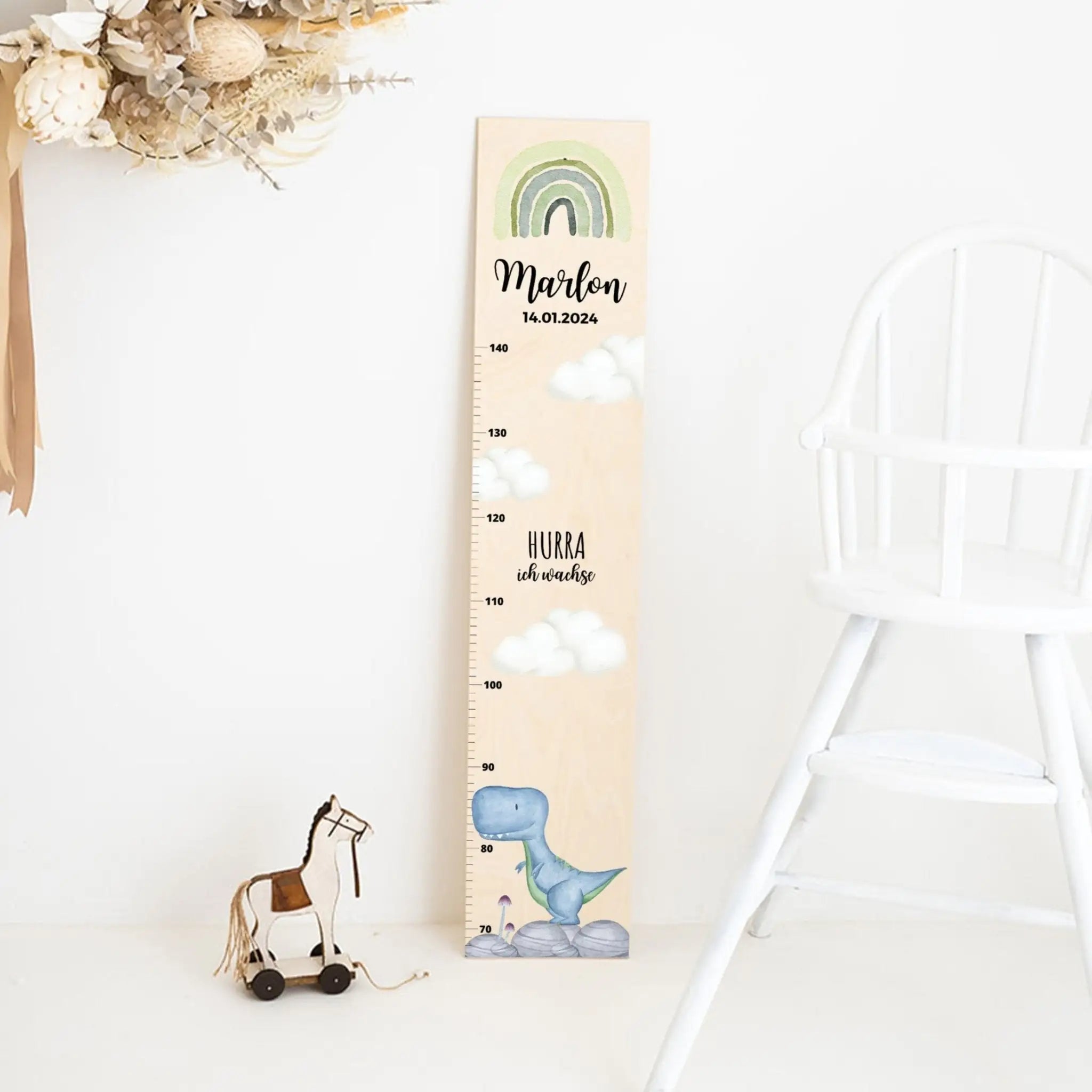 Kindermesslatte Holz personalisiert - Dinosaurier Aquarell - wunderwunsch