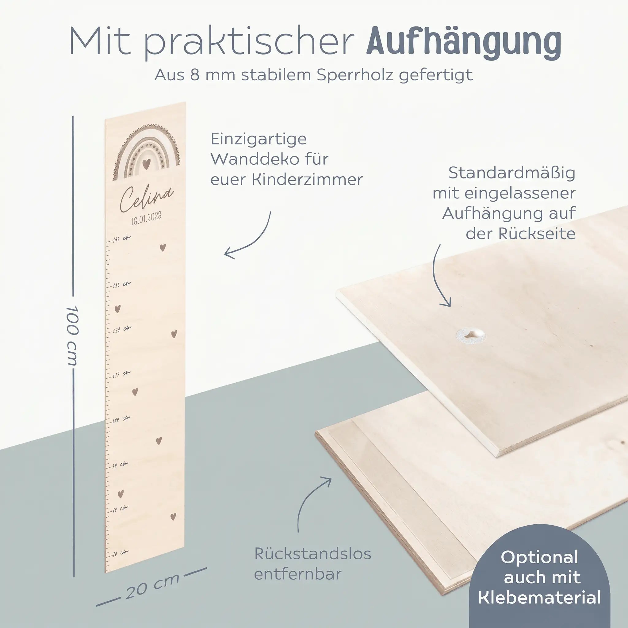 Kindermesslatte Holz personalisiert - Regenbogen Punkte Aquarell - wunderwunsch
