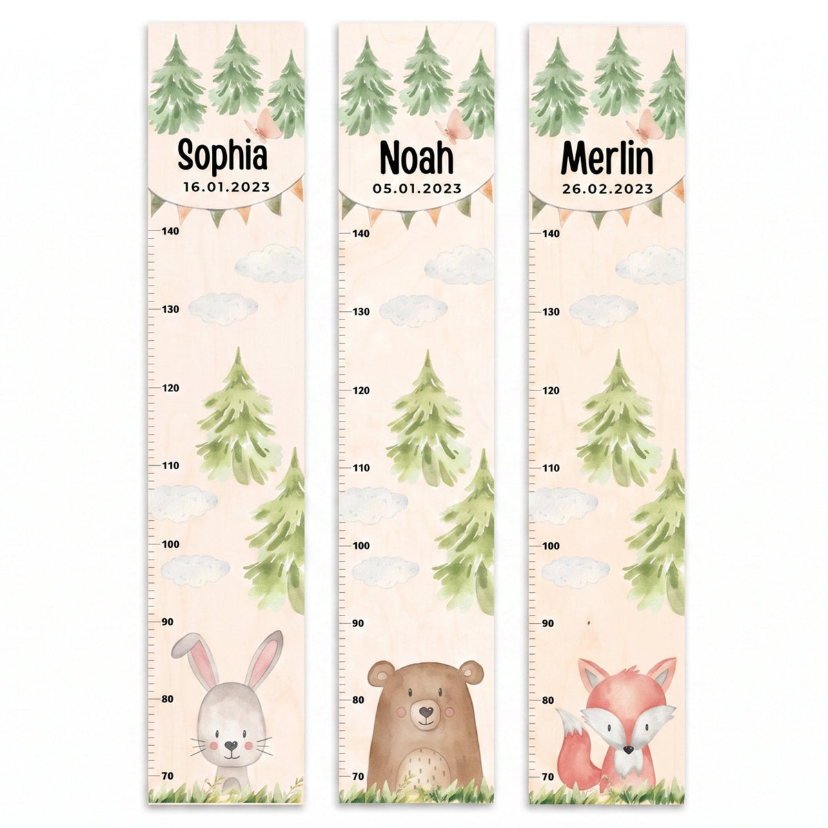 Kindermesslatte Holz personalisiert - Tier Wald Aquarell - wunderwunsch