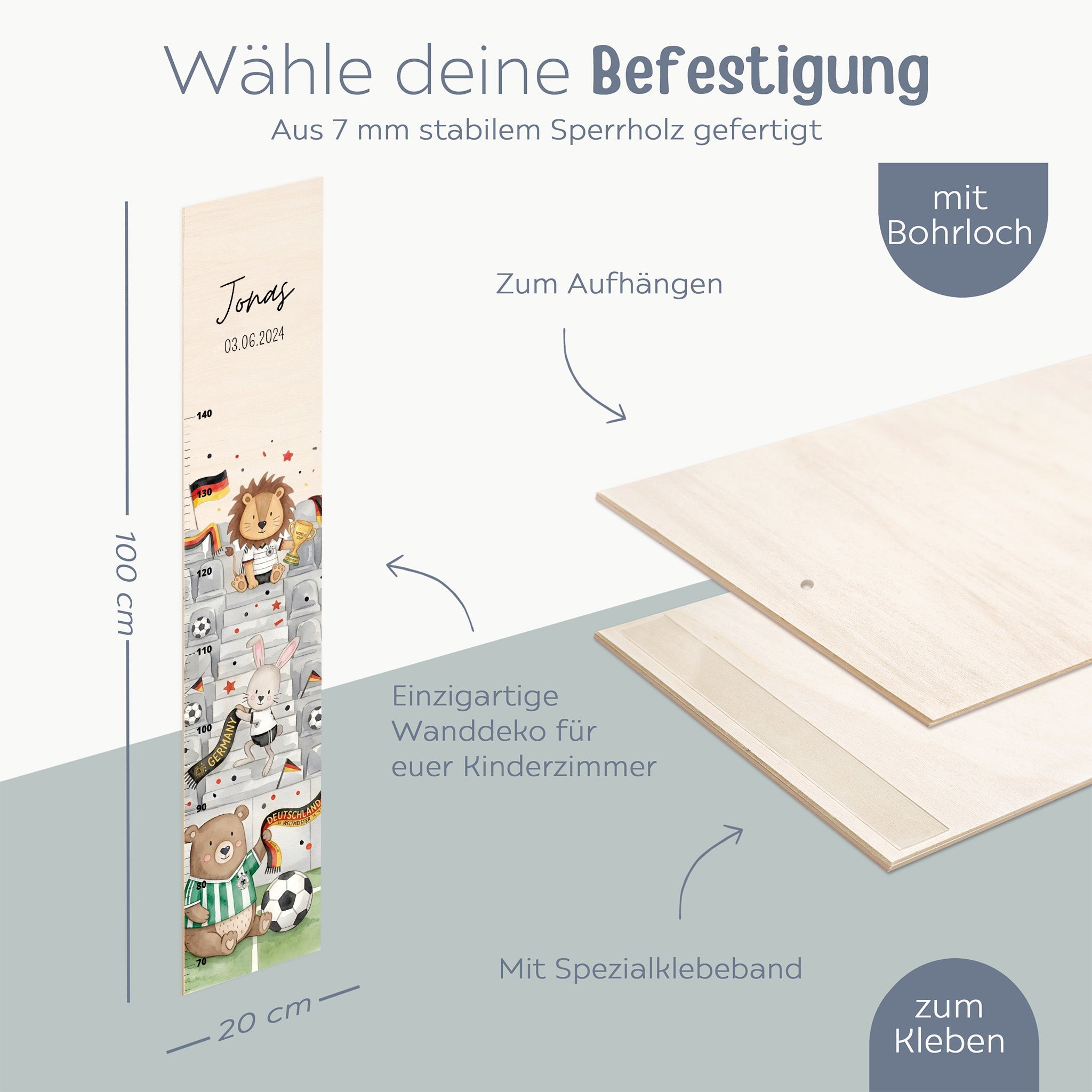 Kindermesslatte Holz personalisiert - WM-Kollektion - wunderwunsch