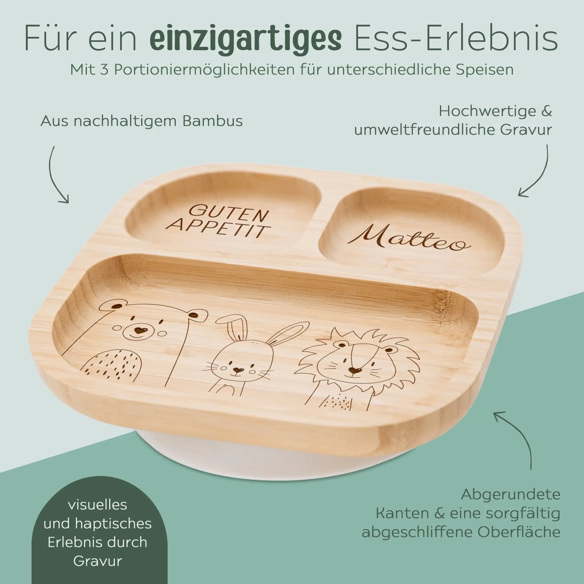 Kinderteller mit Saugnapf + Besteck - Bär, Hase, Löwe Gravur - wunderwunsch