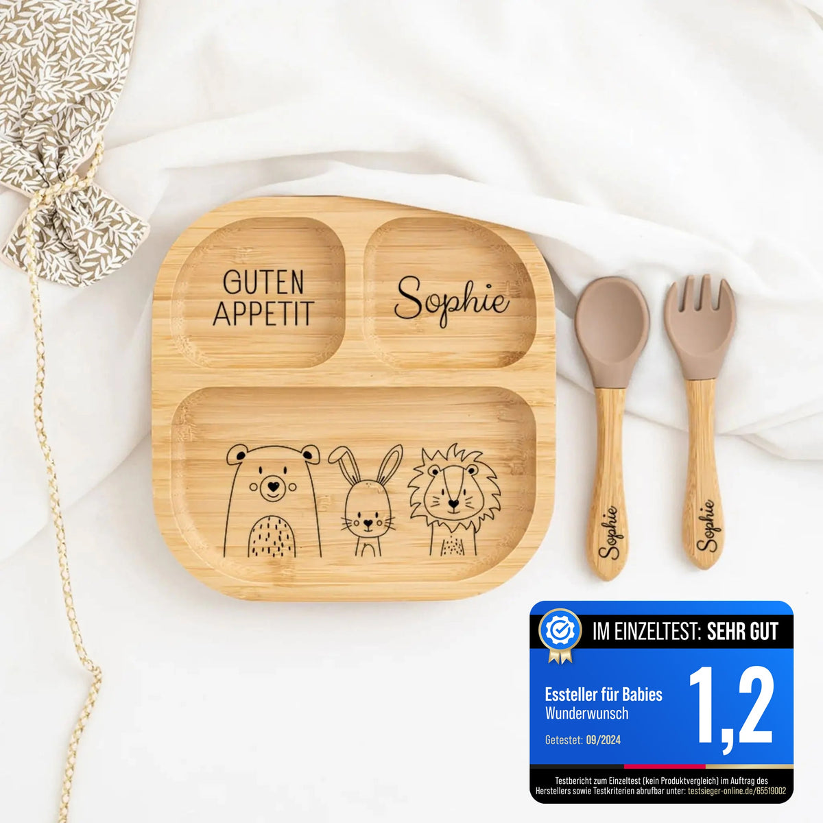 Kinderteller mit Saugnapf + Besteck - Bär, Hase, Löwe Gravur - wunderwunsch