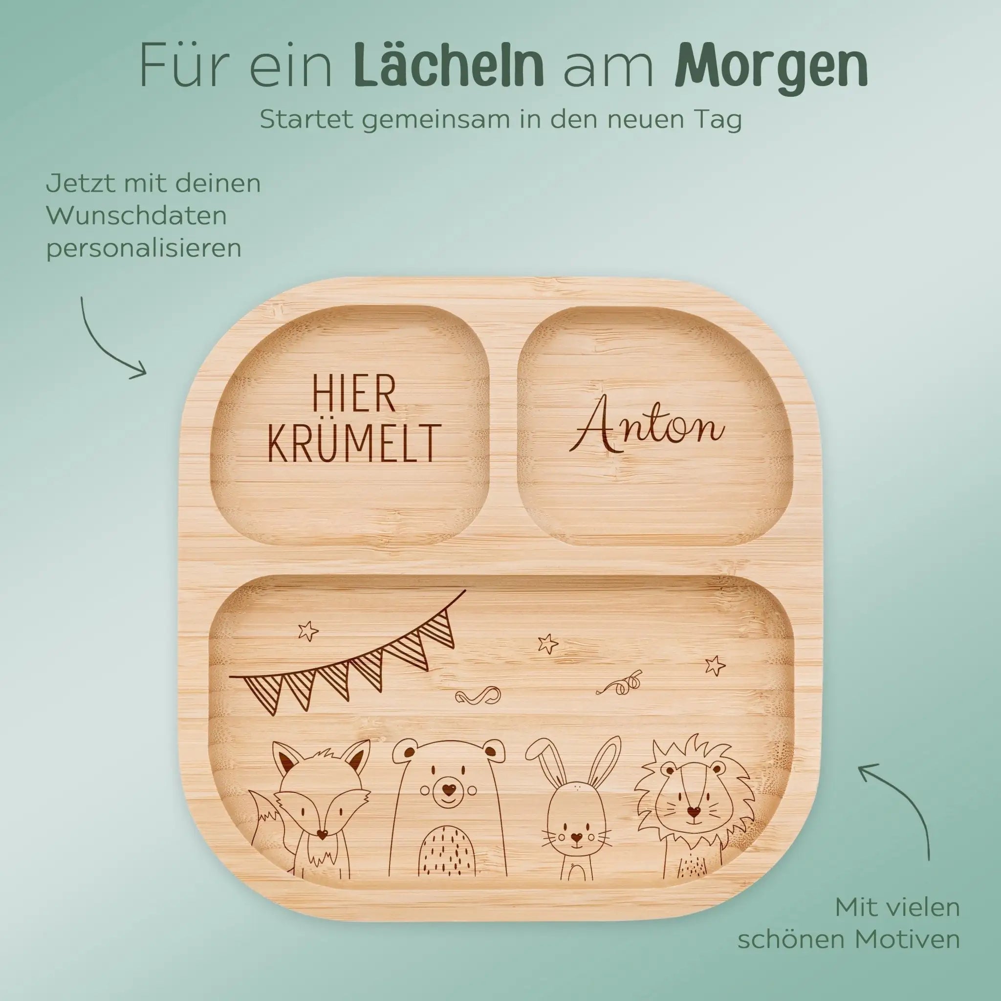 Kinderteller mit Saugnapf + Besteck - Tiere unten Girlande Gravur - wunderwunsch