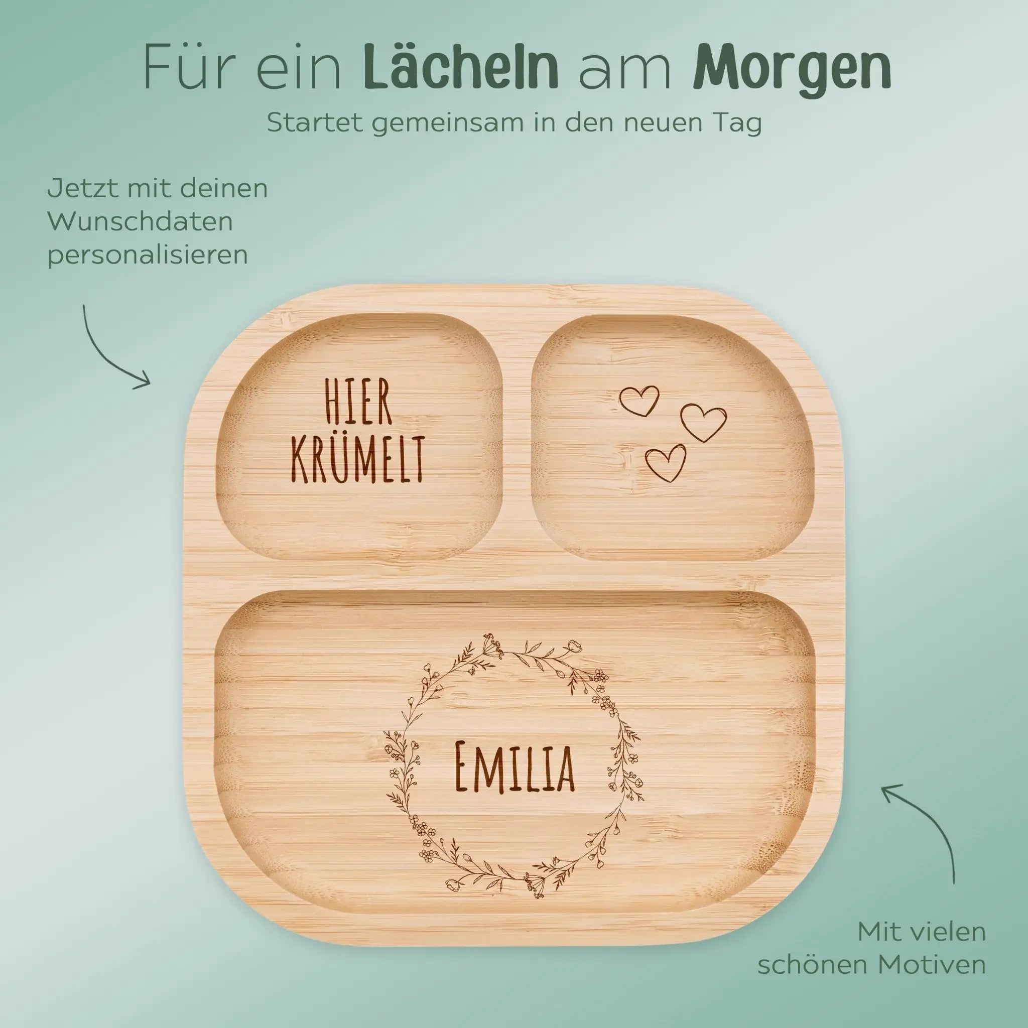 Kinderteller mit Saugnapf - Blumenkranz Gravur - wunderwunsch