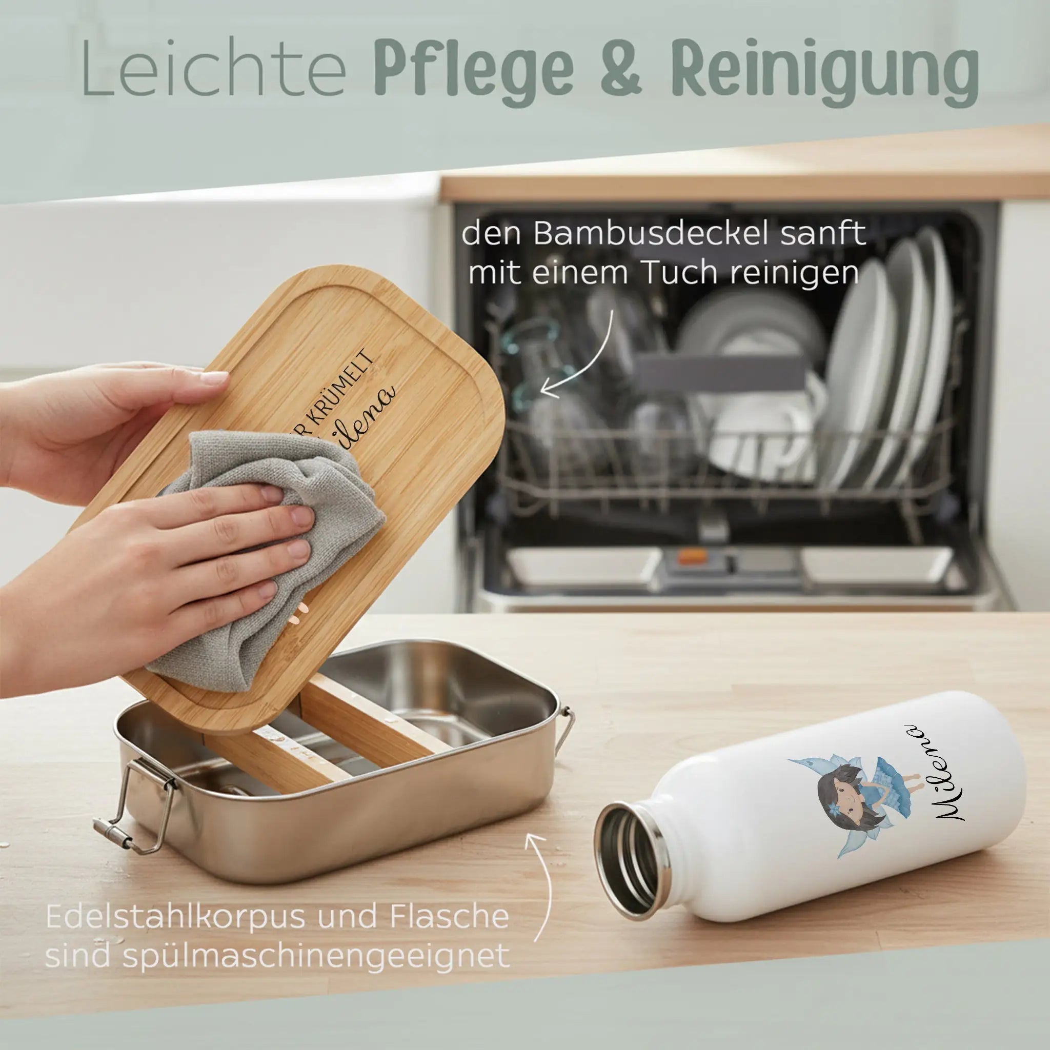 Kita - / Schul - Start Bundle - Brotdose + Kinder Trinkflasche weiß personalisiert - Fee Aquarell - wunderwunsch