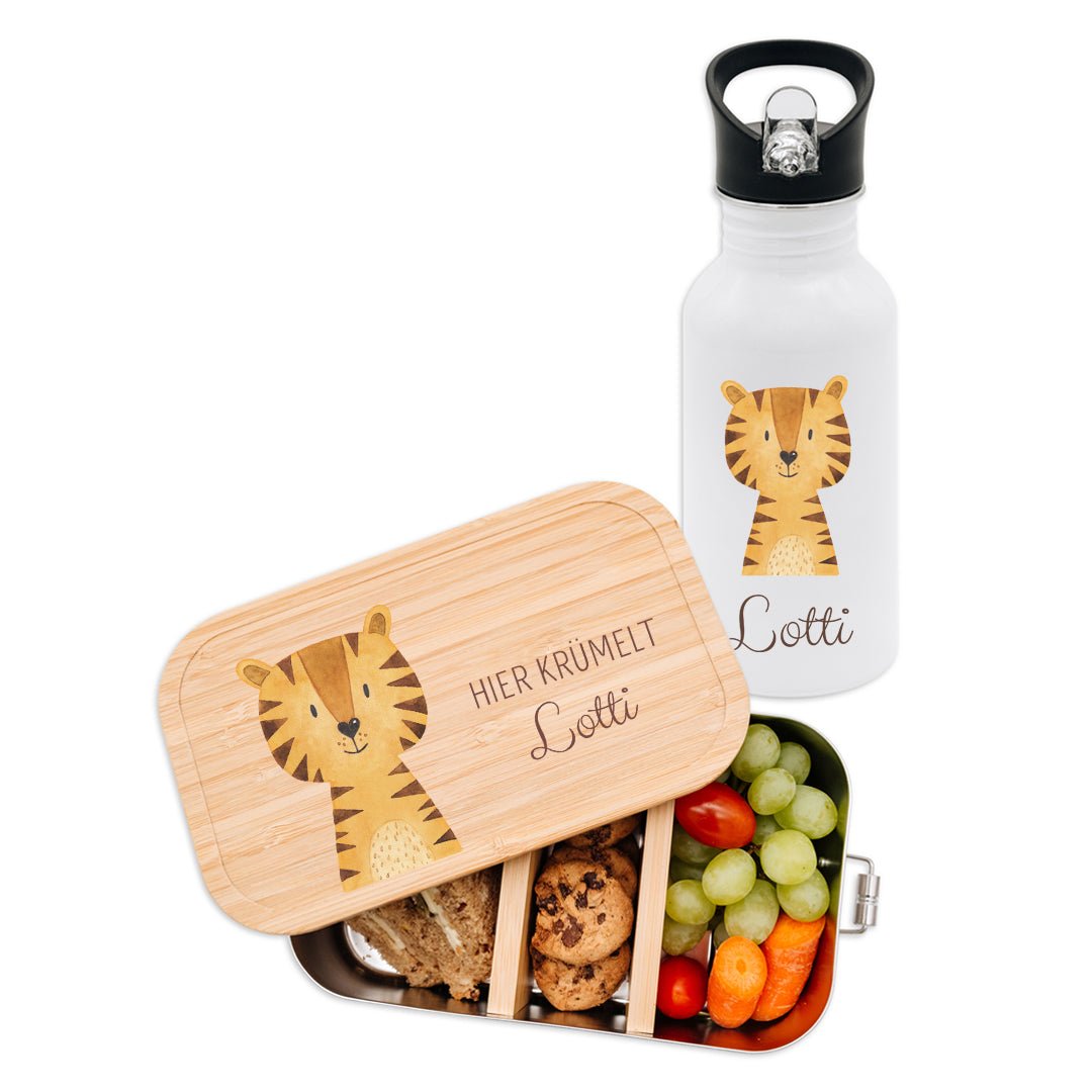Kita-/ Schul-Start Bundle - Brotdose + Kinder Trinkflasche weiß personalisiert - Tier Aquarell - wunderwunsch