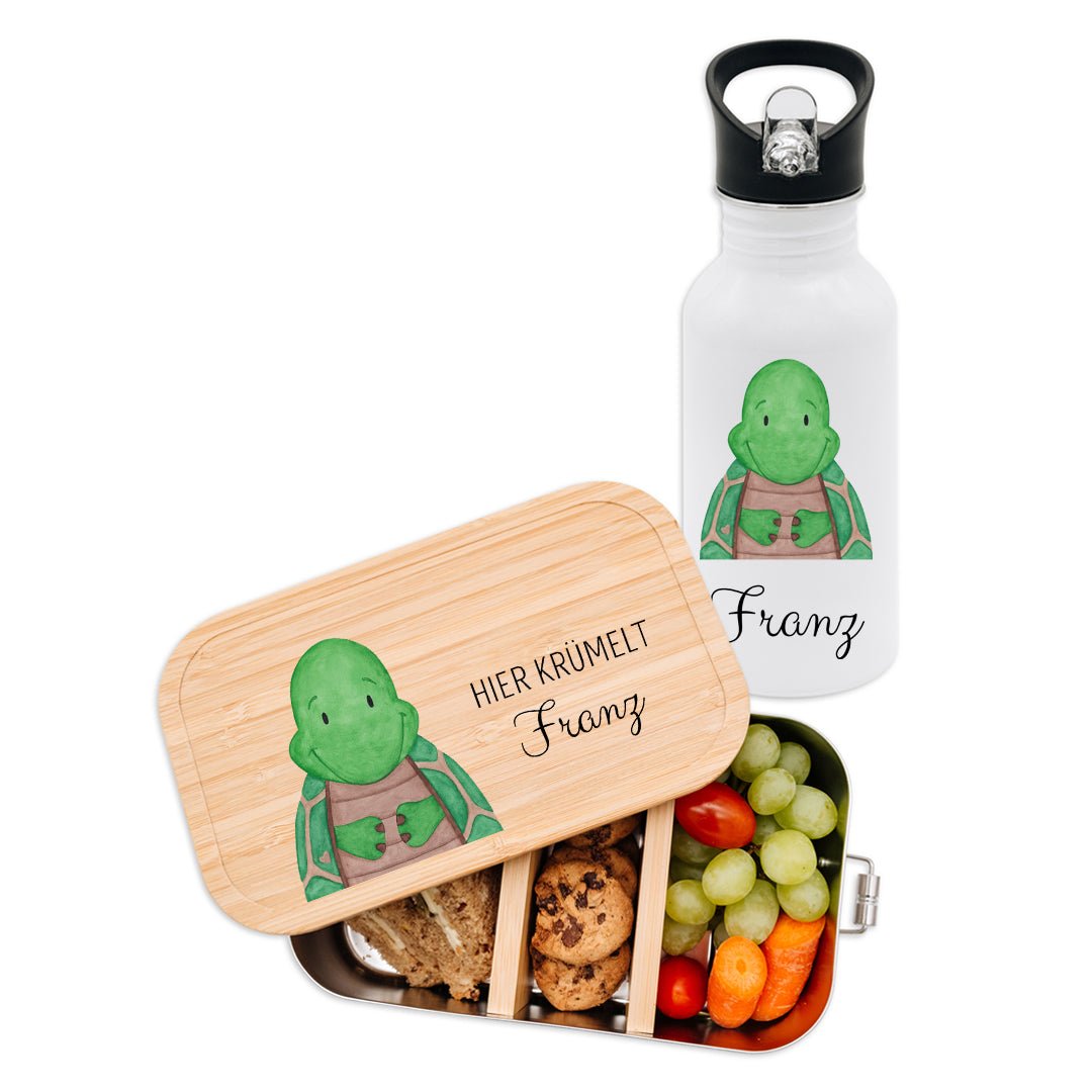 Kita-/ Schul-Start Bundle - Brotdose + Kinder Trinkflasche weiß personalisiert - Tier Aquarell - wunderwunsch