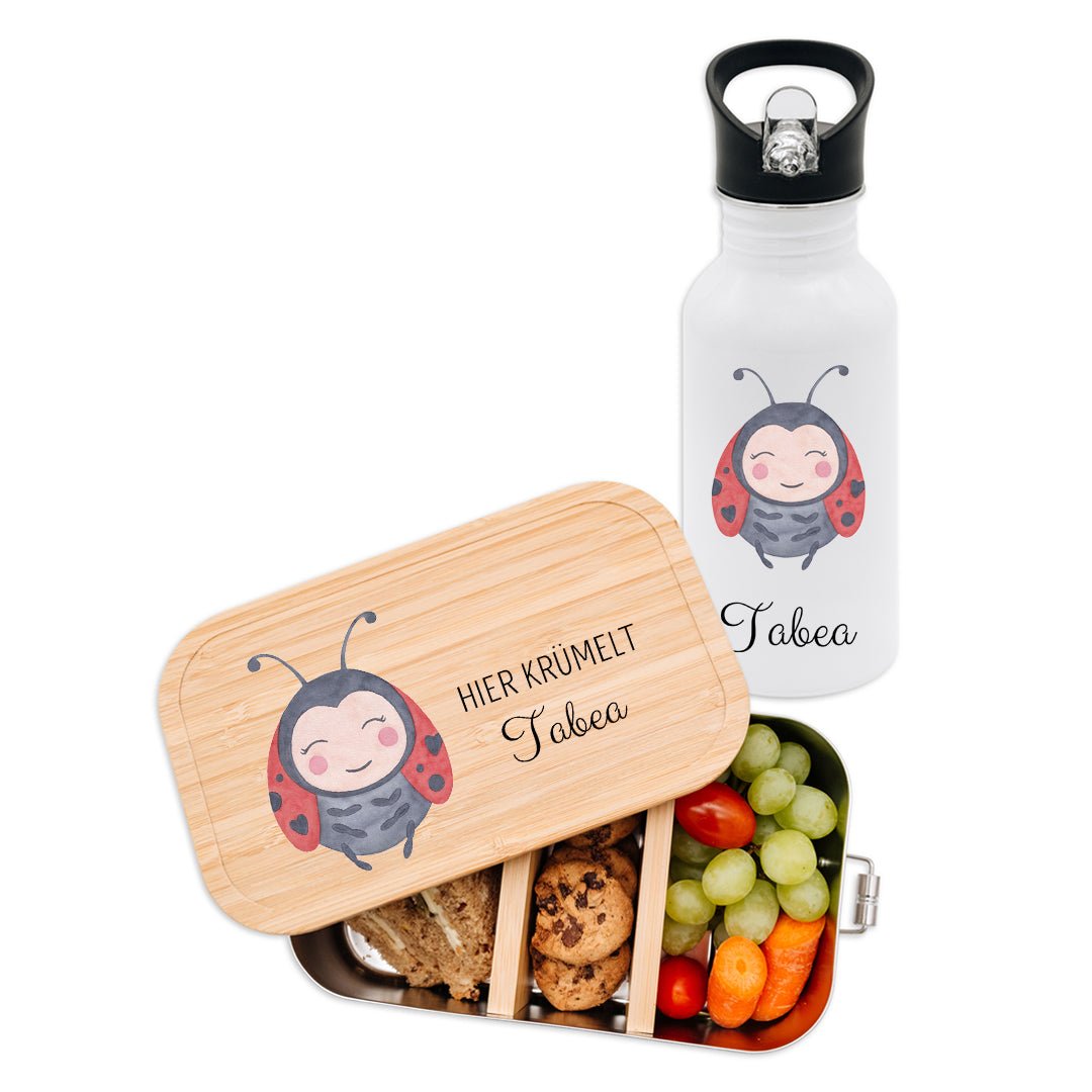 Kita-/ Schul-Start Bundle - Brotdose + Kinder Trinkflasche weiß personalisiert - Tier Aquarell - wunderwunsch