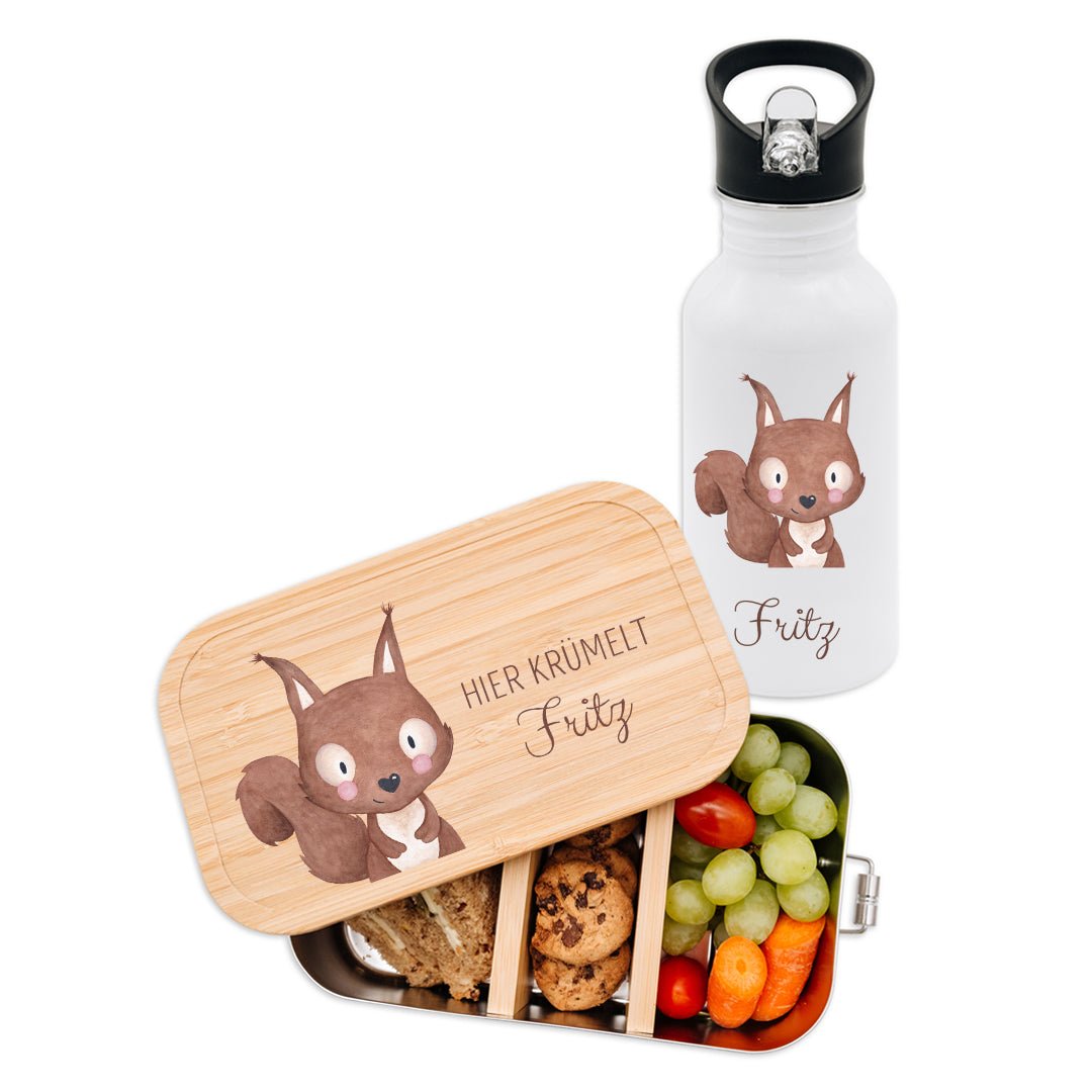 Kita-/ Schul-Start Bundle - Brotdose + Kinder Trinkflasche weiß personalisiert - Tier Aquarell - wunderwunsch