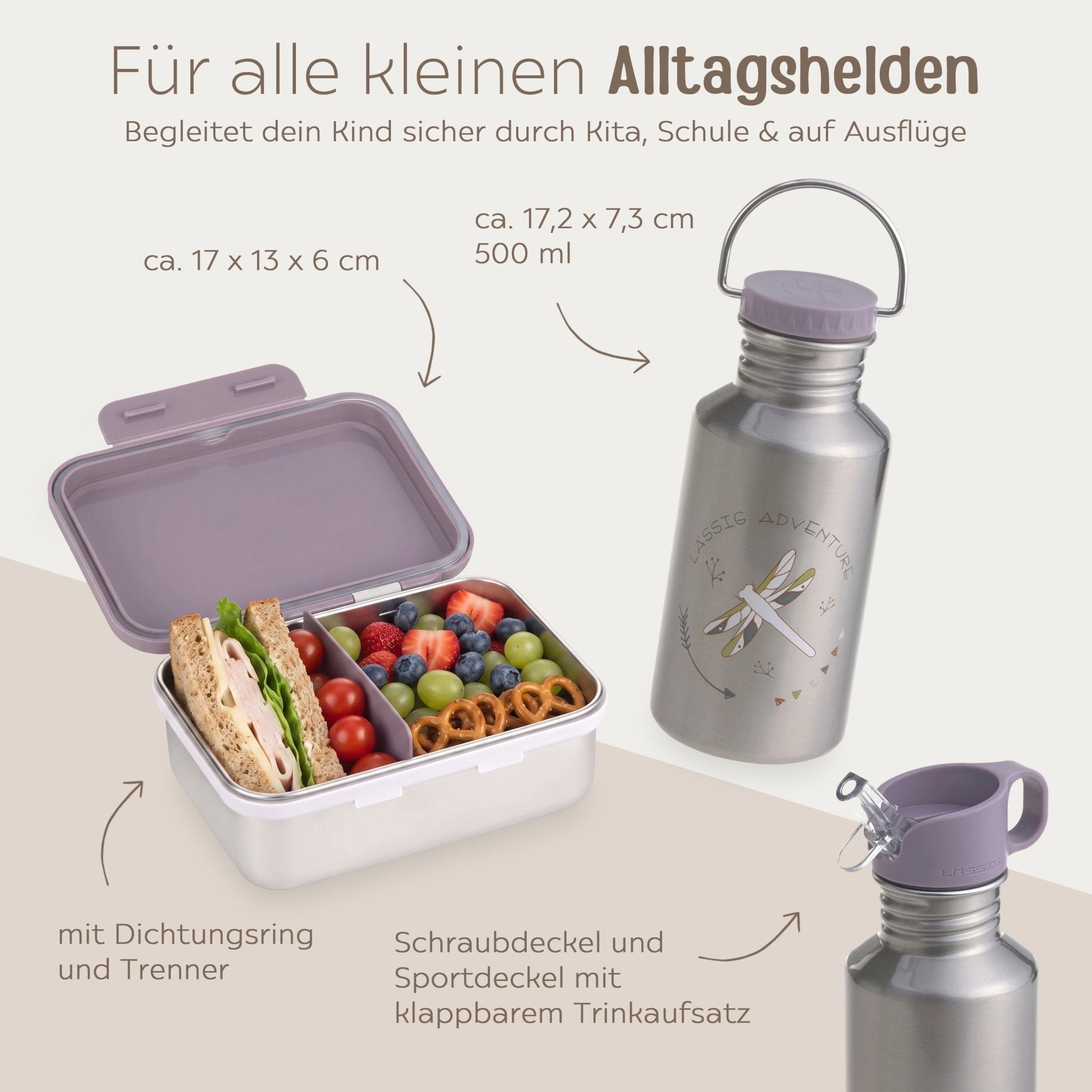 LÄSSIG Lunch-Set - Brotdose & Trinkflasche - Libelle lila - wunderwunsch