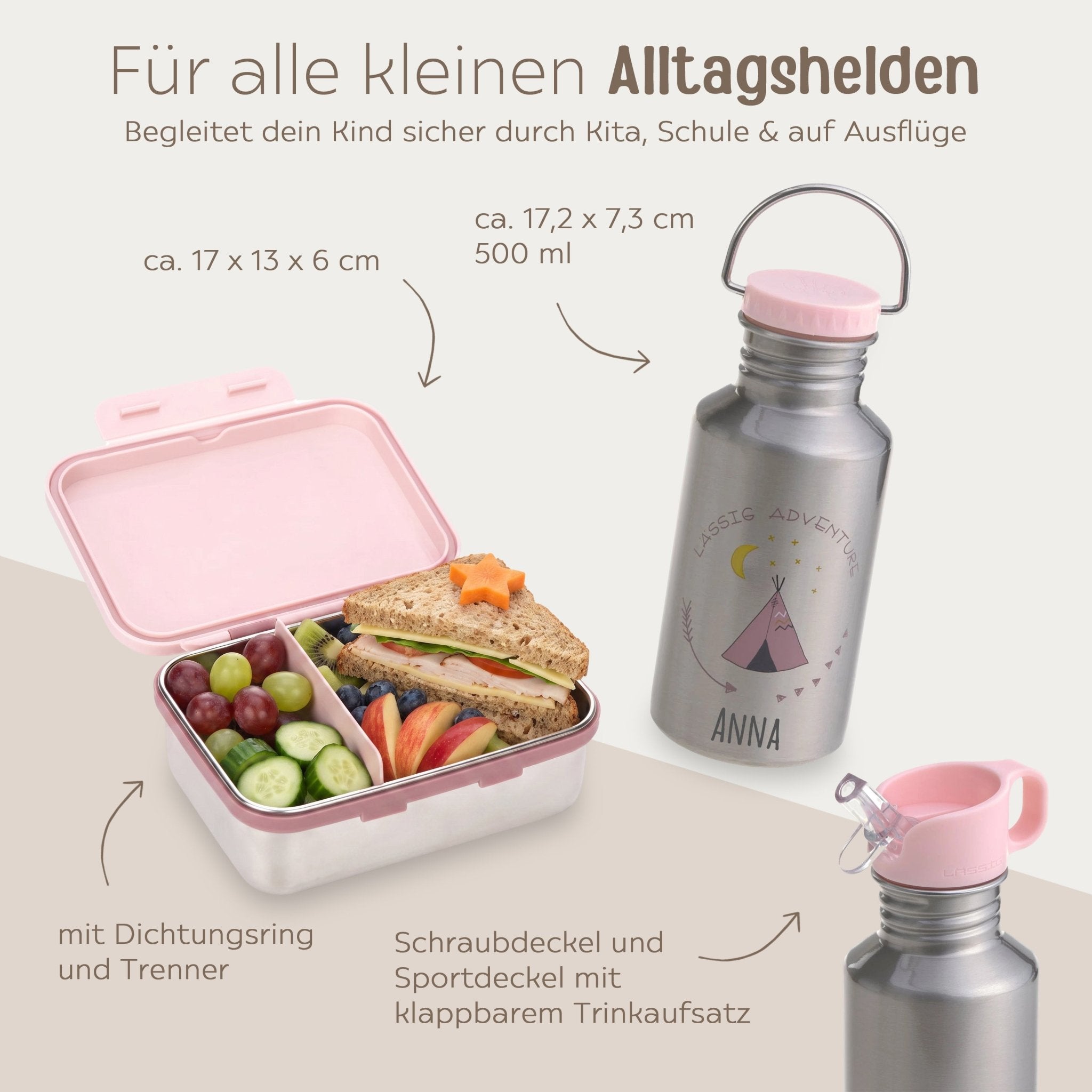 LÄSSIG Lunch-Set - Brotdose & Trinkflasche - Tipi rosa - wunderwunsch