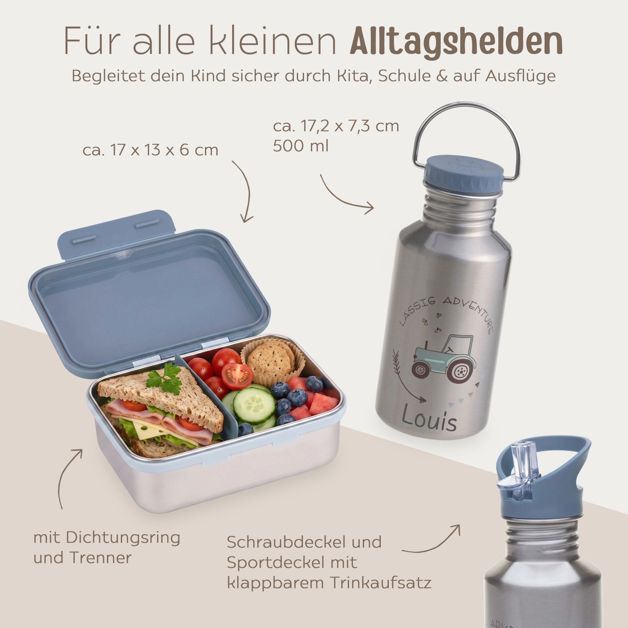 LÄSSIG Lunch-Set - Brotdose & Trinkflasche - Traktor blau - wunderwunsch