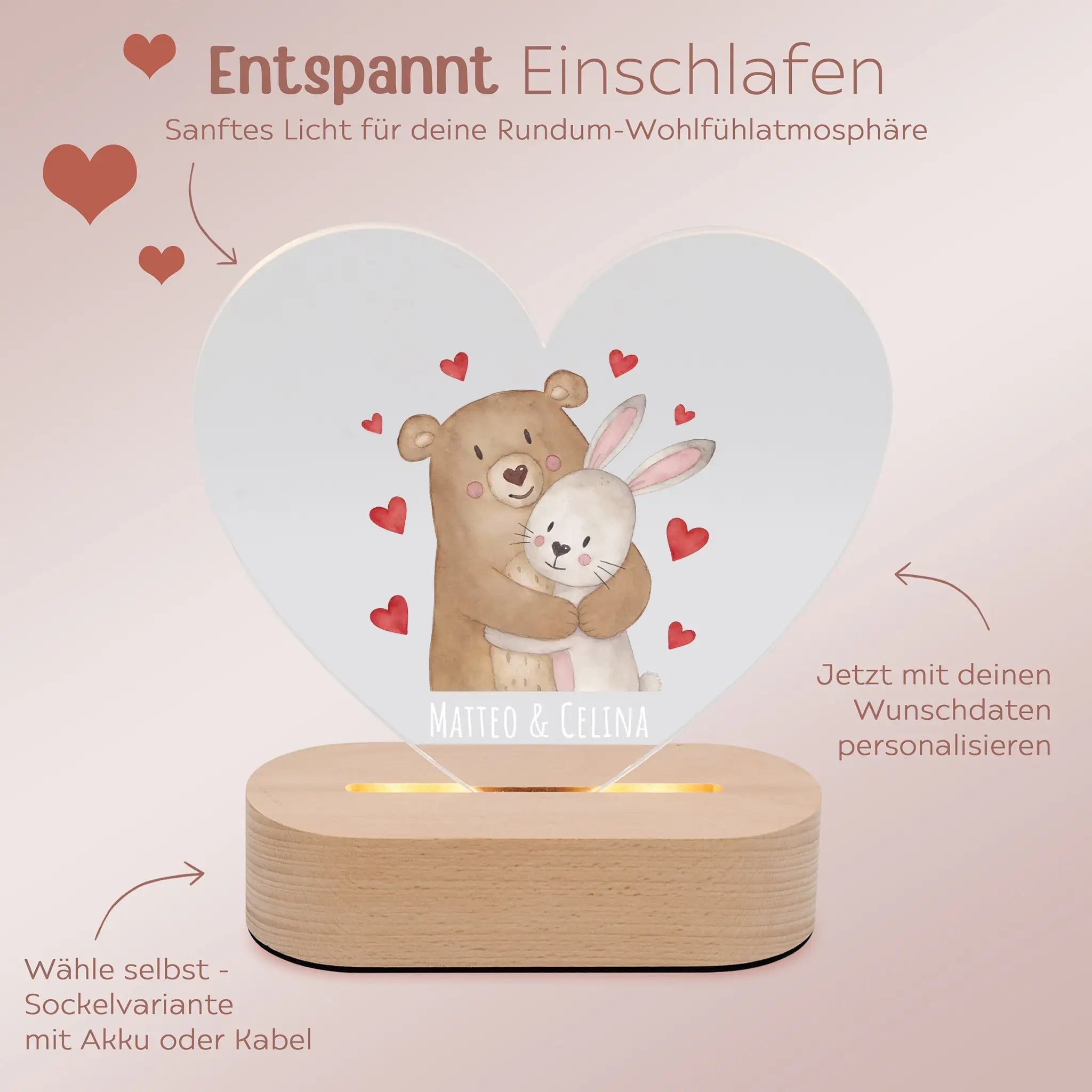 LED Nachtlicht Herz - Bär umarmt Hase - wunderwunsch