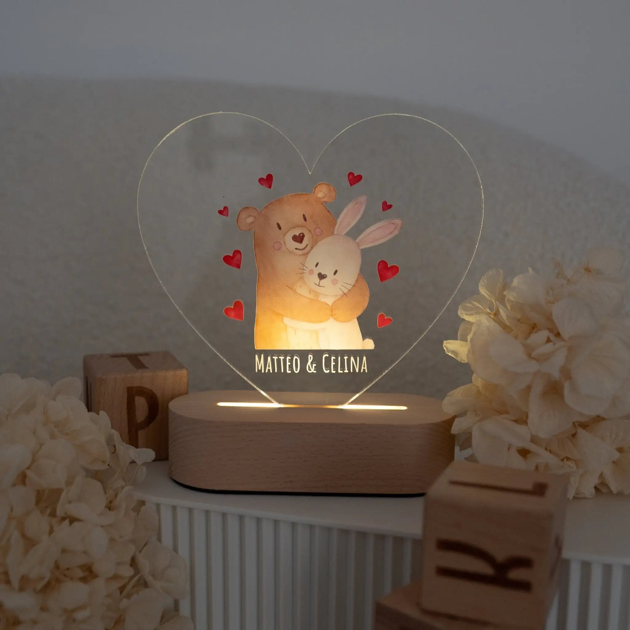 LED Nachtlicht Herz - Bär umarmt Hase - wunderwunsch