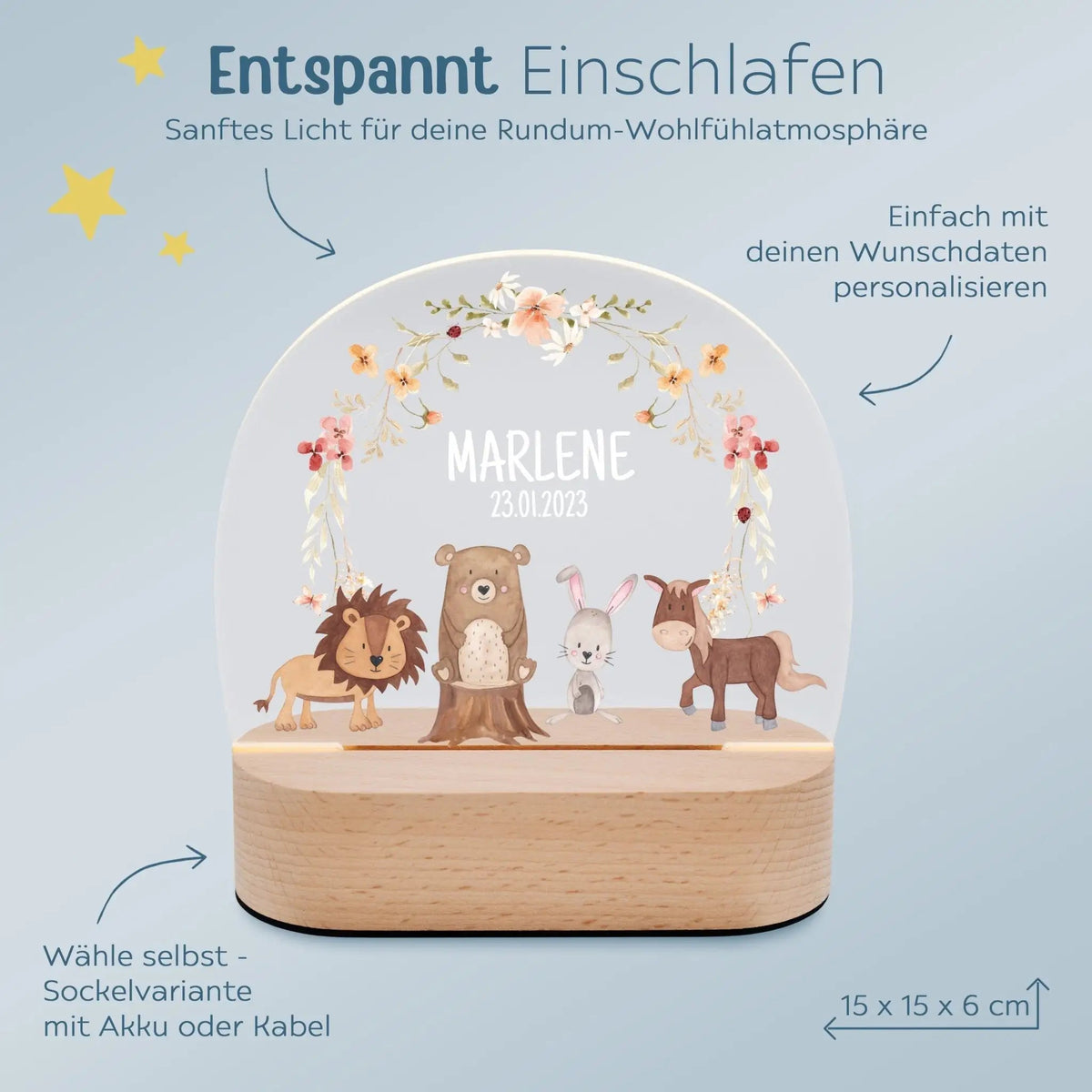 LED Nachtlicht Kinder personalisiert - Tiere Blumenkreis rosa Aquarell - wunderwunsch