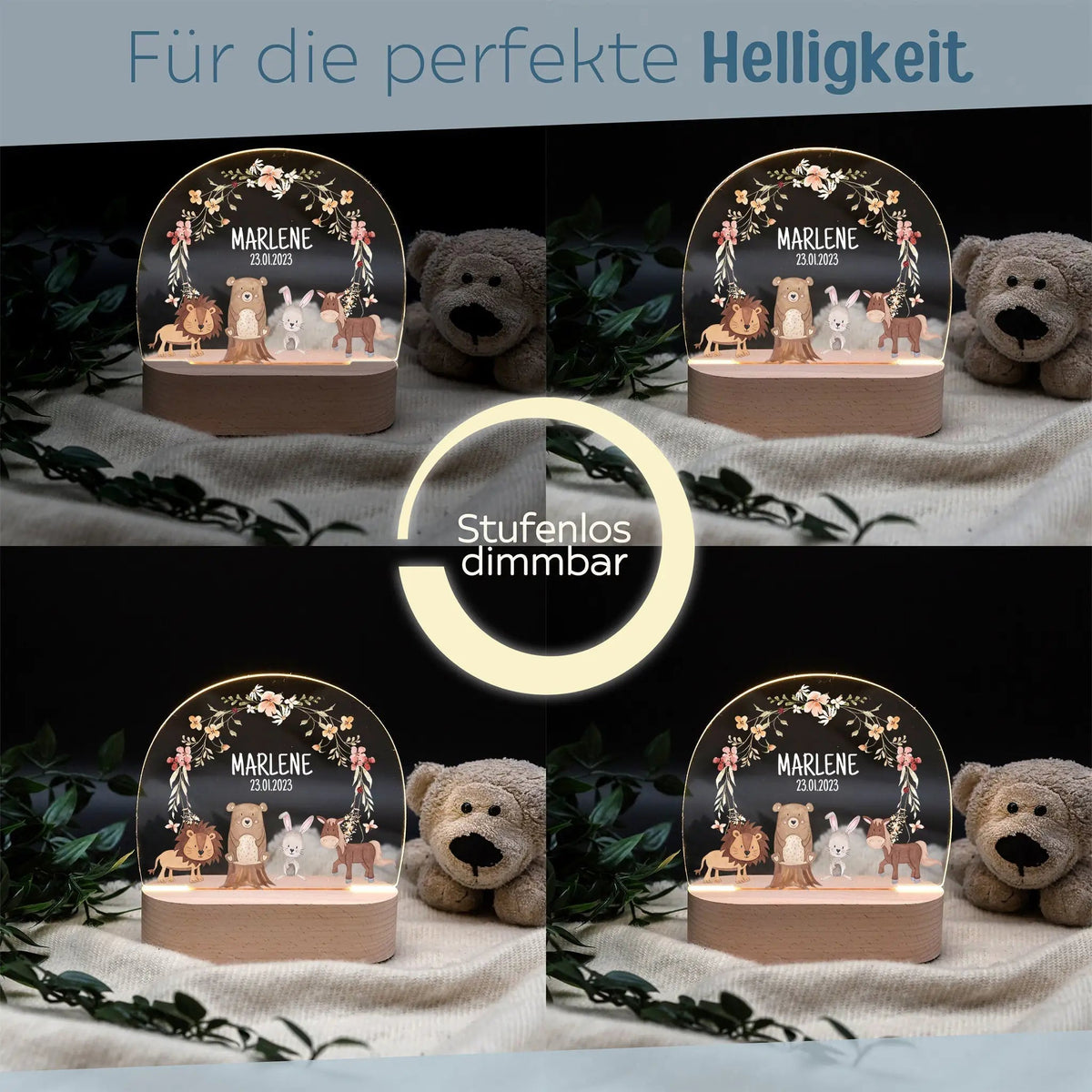 LED Nachtlicht Kinder personalisiert - Tiere Blumenkreis rosa Aquarell - wunderwunsch